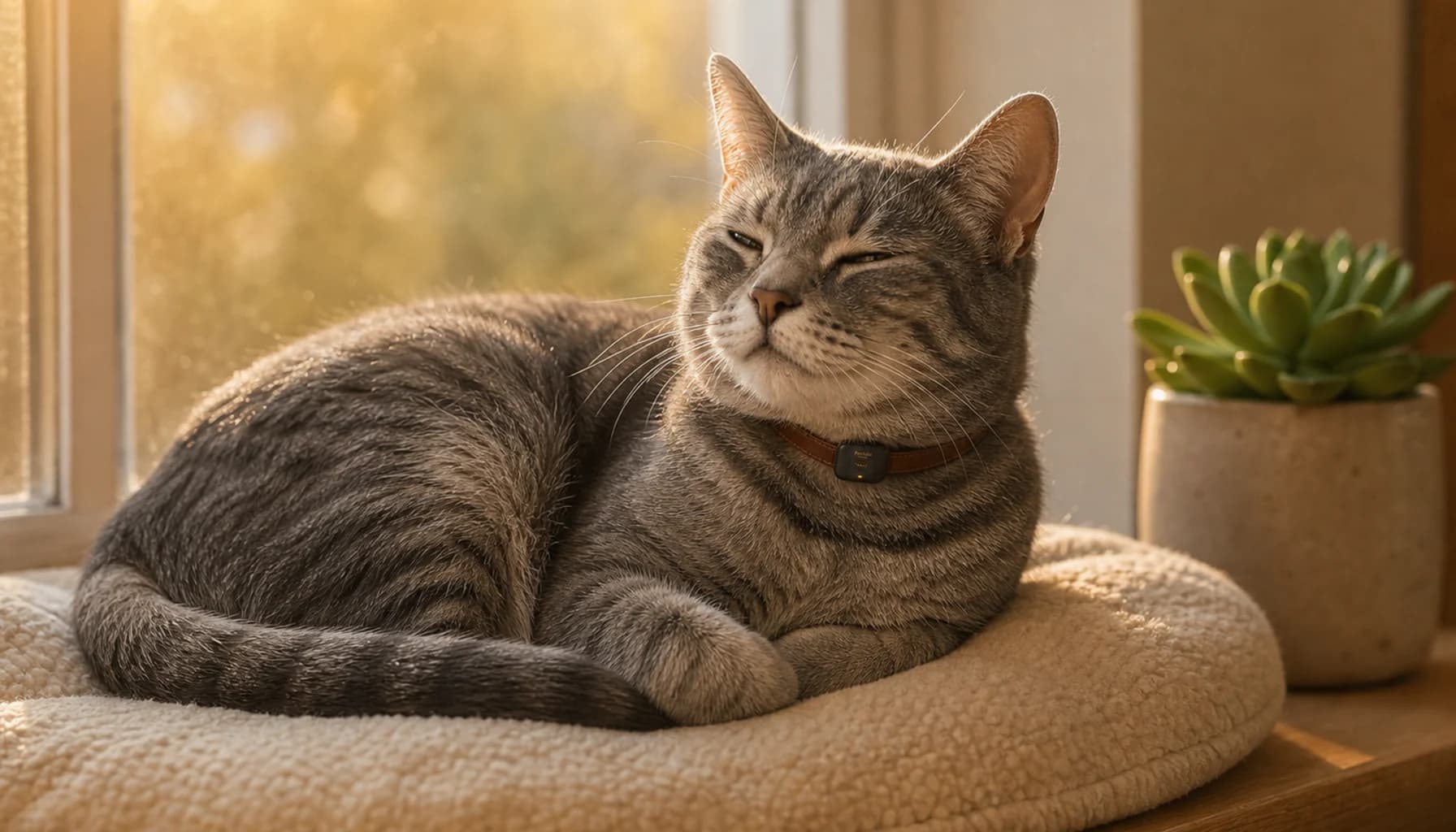 Cat wearing a slim PawPulse collar, relaxed on a cushion, with a subtle amber LED glow - conveying that the same haptic therapy works for cats in a collar they'll actually wear