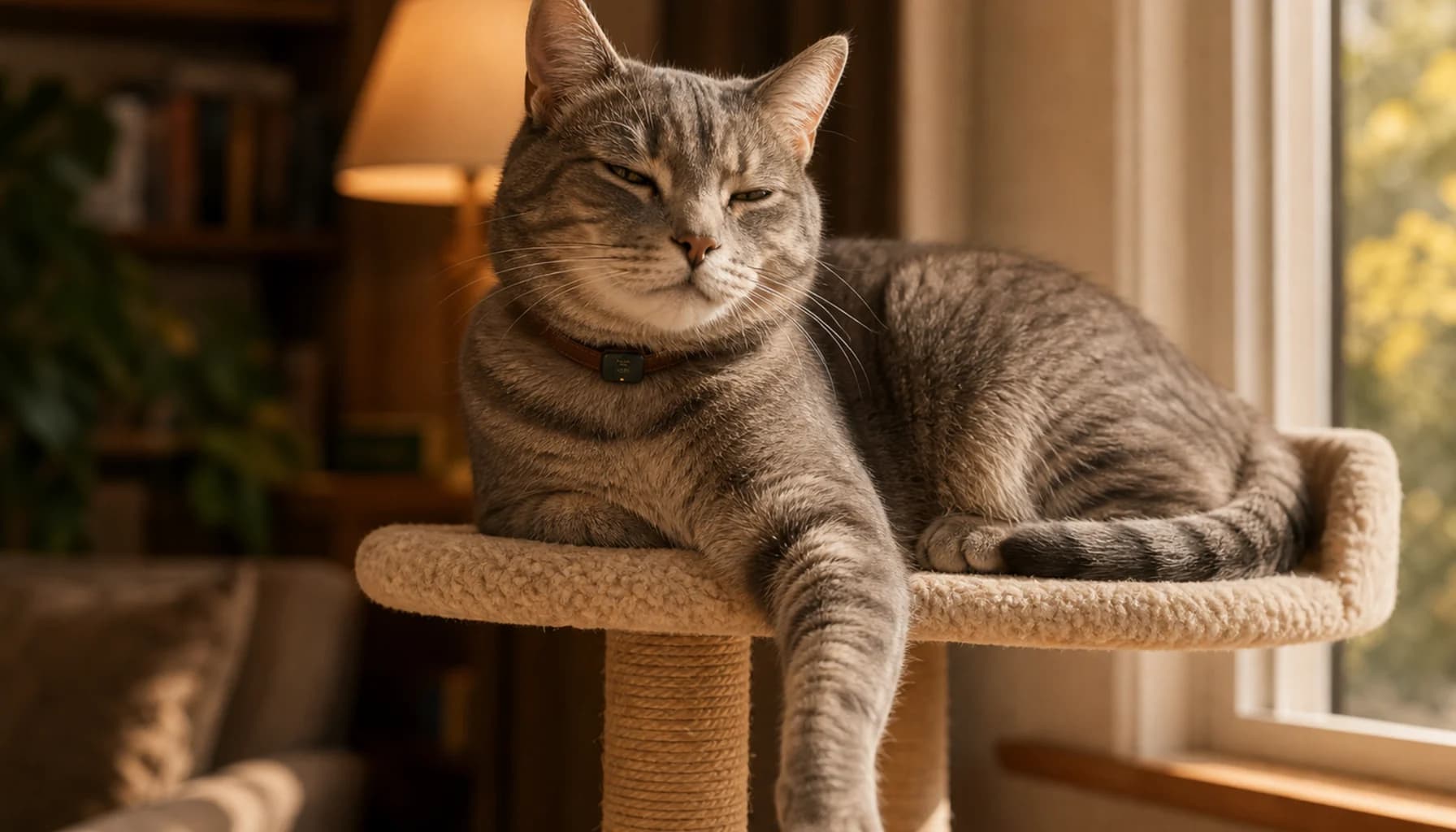 Cat lounging on a cat tree wearing a PawPulse collar, completely still, conveying that health monitoring works even when the pet barely moves all day