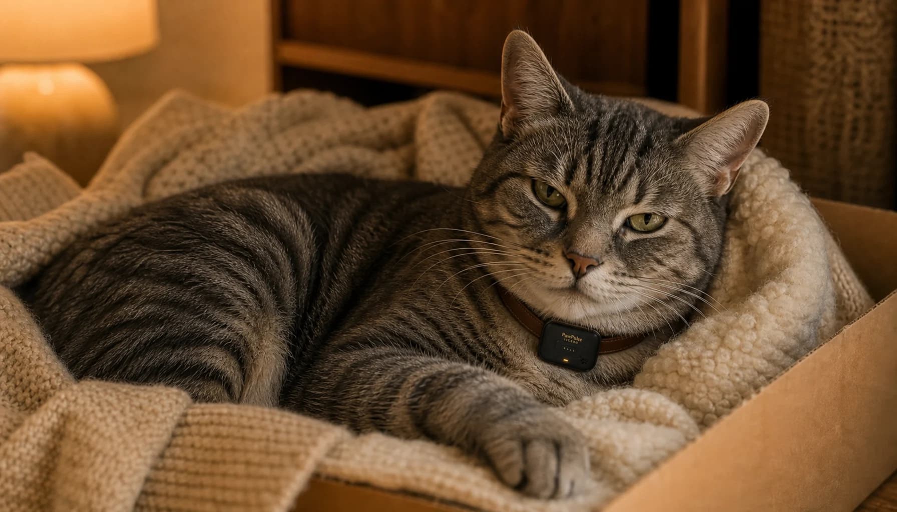 Cat wearing a PawPulse collar resting in a cozy recovery setup, soft blankets, warm lighting, conveying gentle post-surgical monitoring for feline patients