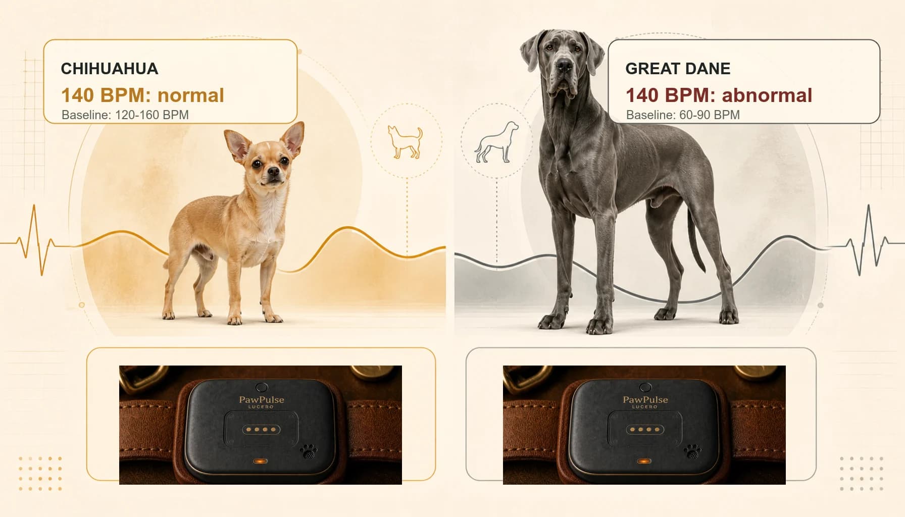 Infographic comparing a Chihuahua with a 120-160 BPM personal baseline and a Great Dane with a 60-90 BPM baseline, with equal-scale PawPulse Lucero collar callouts from the real product reference