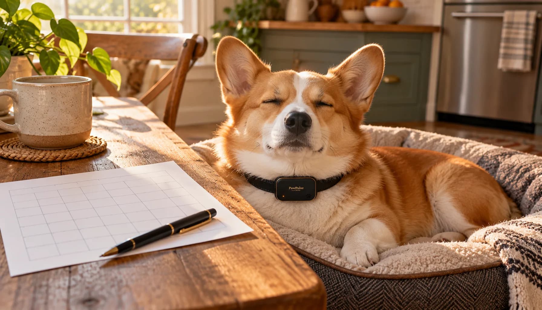 Paper seven-day breathing log and pen on a kitchen table next to a dozing Corgi in golden afternoon light, tracking sleeping respiratory rate