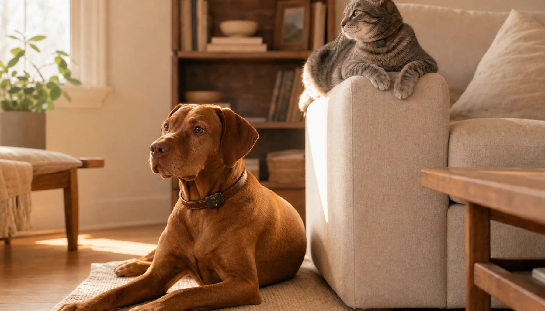 Dog and cat together, both wearing PawPulse collars, in a warm home setting, looking content and cared for, conveying the universal welfare argument across species