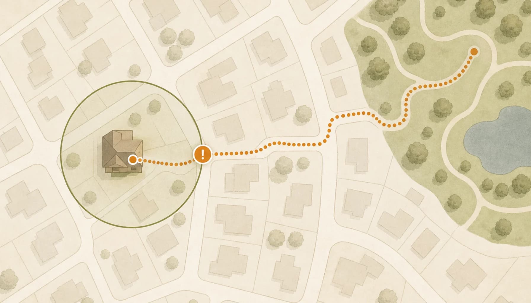 Map visualization showing a dog's GPS trail from home through a neighborhood with a geofence boundary highlighted, warm tones, conveying the value of knowing exactly where a dog went