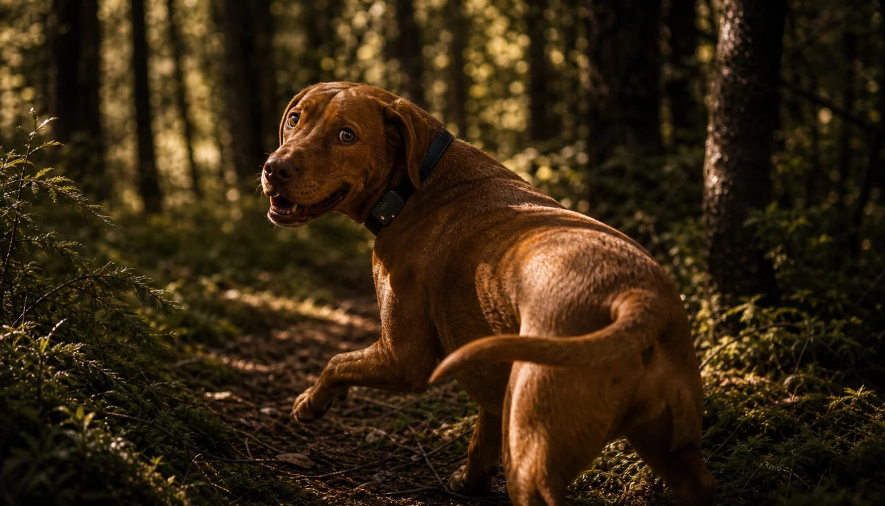 Dog hiking on a mountain trail at golden hour, wearing a PawPulse collar, looking energetic but with the vast wilderness behind suggesting the scale of potential risks