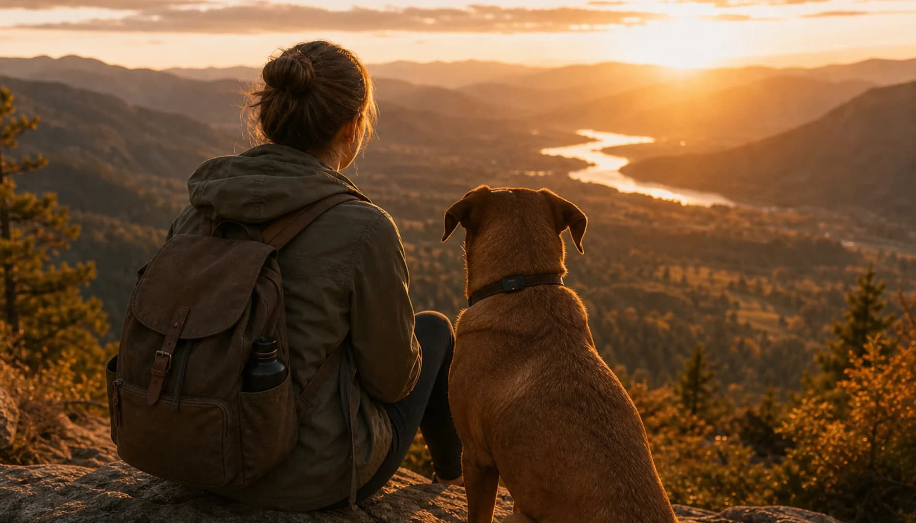 Dog and owner taking a rest break on a shaded trail, dog drinking from a collapsible bowl, PawPulse collar visible, warm dappled forest light