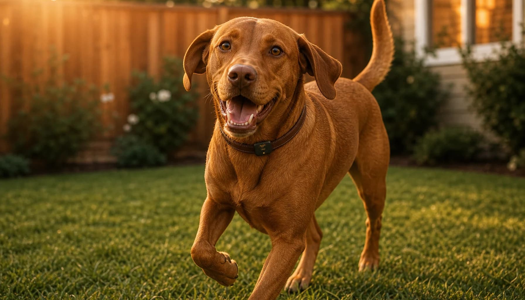 Dog wearing a PawPulse collar in a fenced yard with a warm home in the background, conveying safe, monitored freedom with technology working quietly