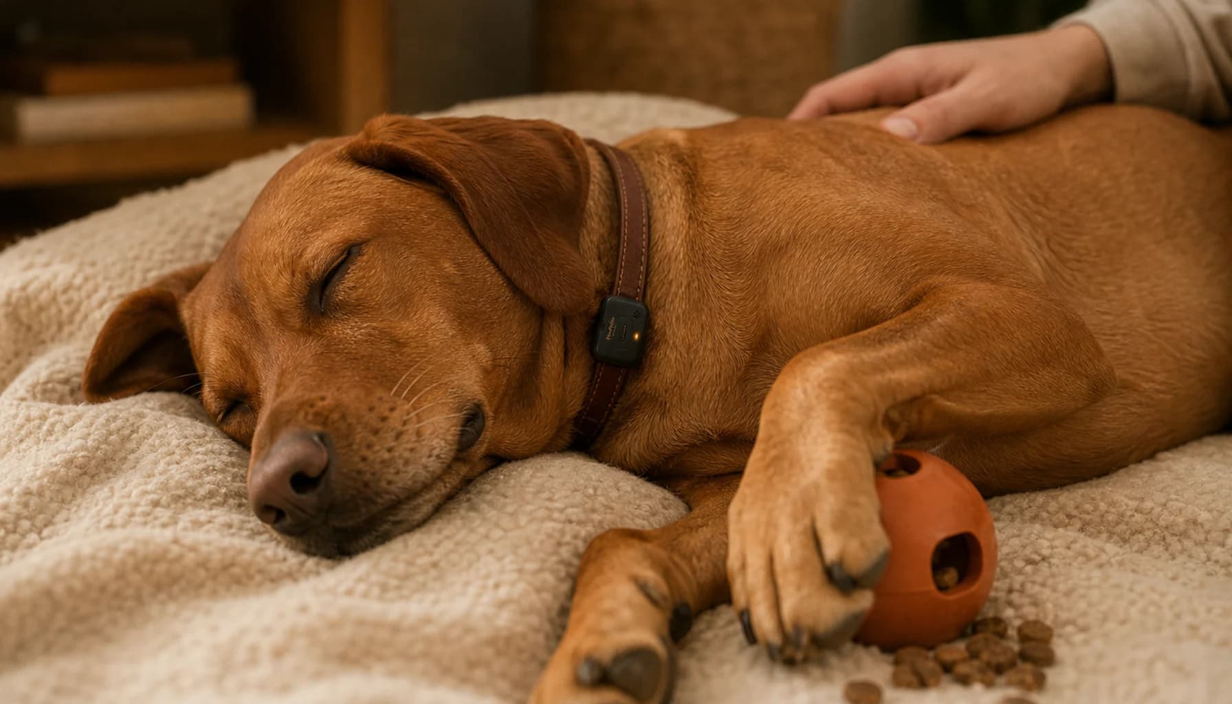 Close-up of a calm dog wearing a PawPulse collar with a gentle amber glow, lying on a soft surface, subtle wave visualization emanating from the collar suggesting the haptic vibration pattern