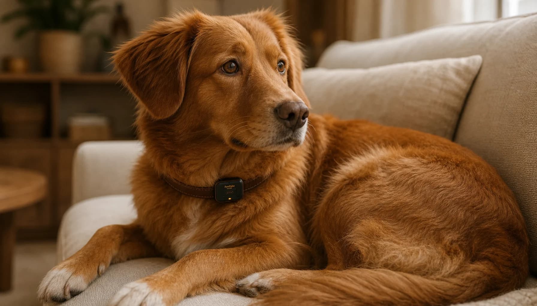Dog wearing a PawPulse collar lying comfortably on a couch, looking relaxed and healthy, warm home setting - conveying that the technology works invisibly in the background regardless of coat type