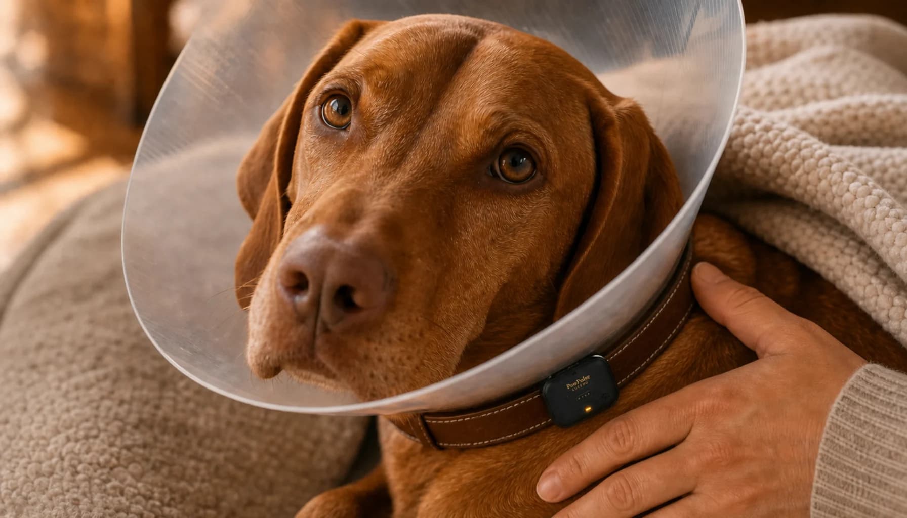 Dog wearing an e-collar and PawPulse collar, resting on a soft bed after surgery, warm home setting, conveying careful recovery monitoring