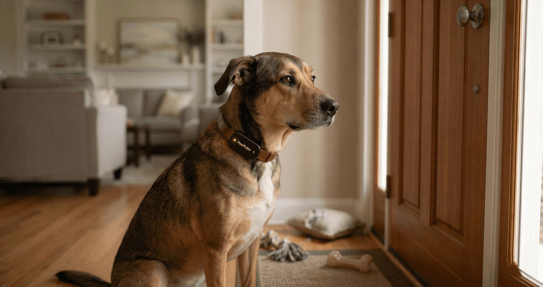 Dog sitting alone by a front door in an empty living room with chewed pillow debris scattered on the floor, subtle amber glow from a PawPulse collar visible on the dog's neck