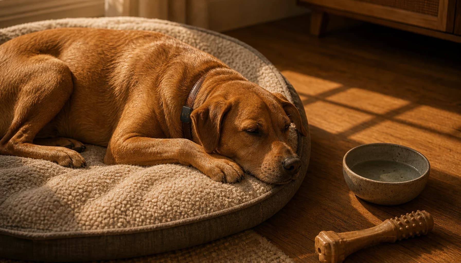Dog curled up asleep on a cozy bed wearing a PawPulse collar with a subtle amber glow, warm afternoon light streaming through a window, peaceful home setting