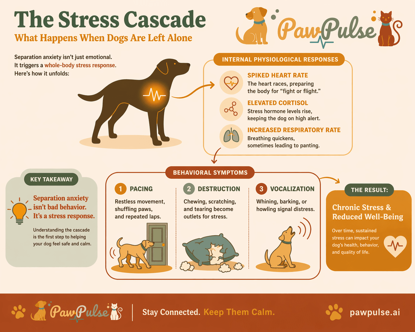 Infographic showing the stress cascade in a dog's body during separation anxiety: cortisol spike, elevated heart rate, increased respiratory rate, and behavioral symptoms like pacing and destruction