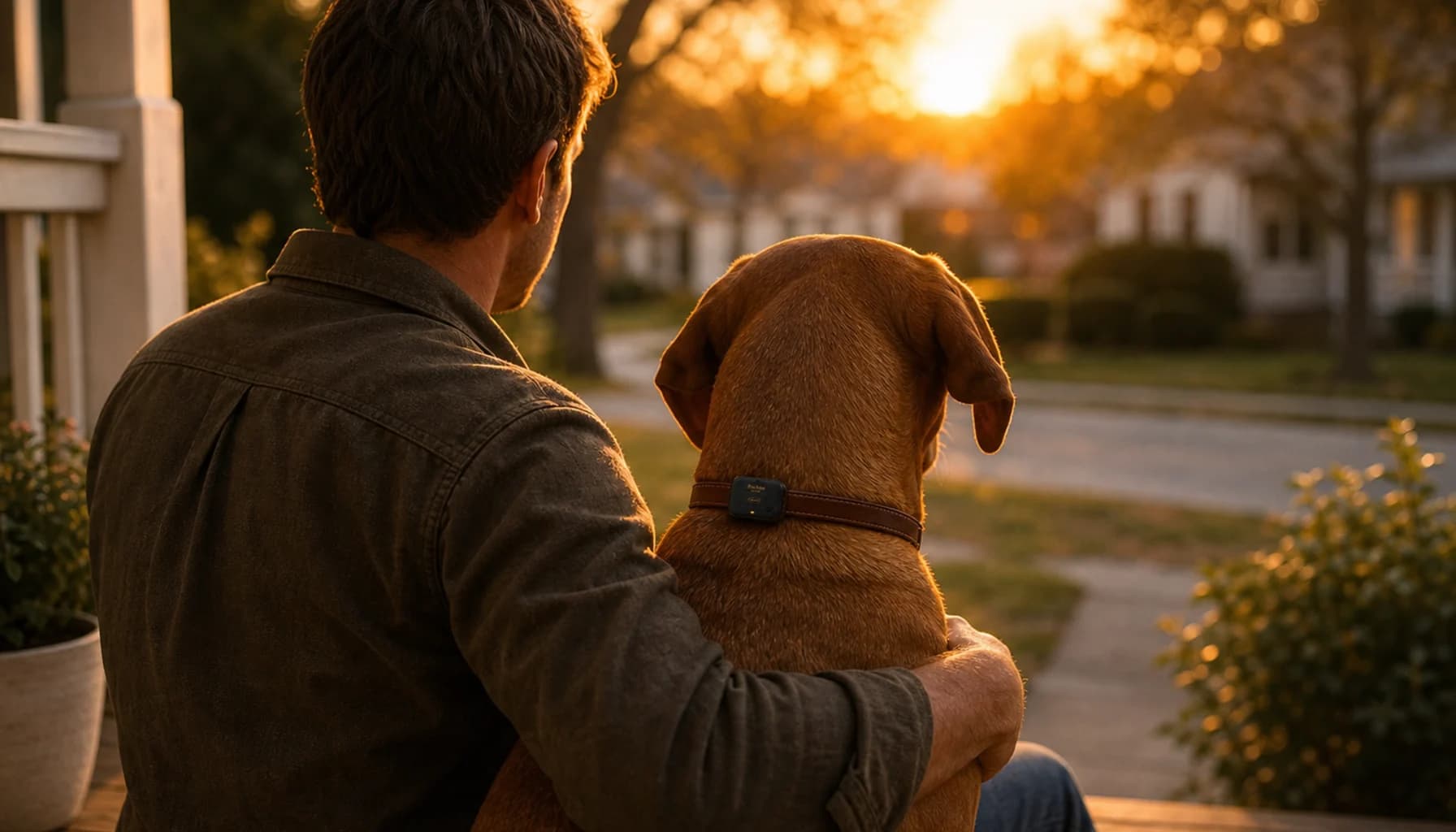 Dog looking directly at the camera with soft, trusting eyes, wearing a PawPulse collar, warm lighting, conveying the bond and the responsibility that comes with it