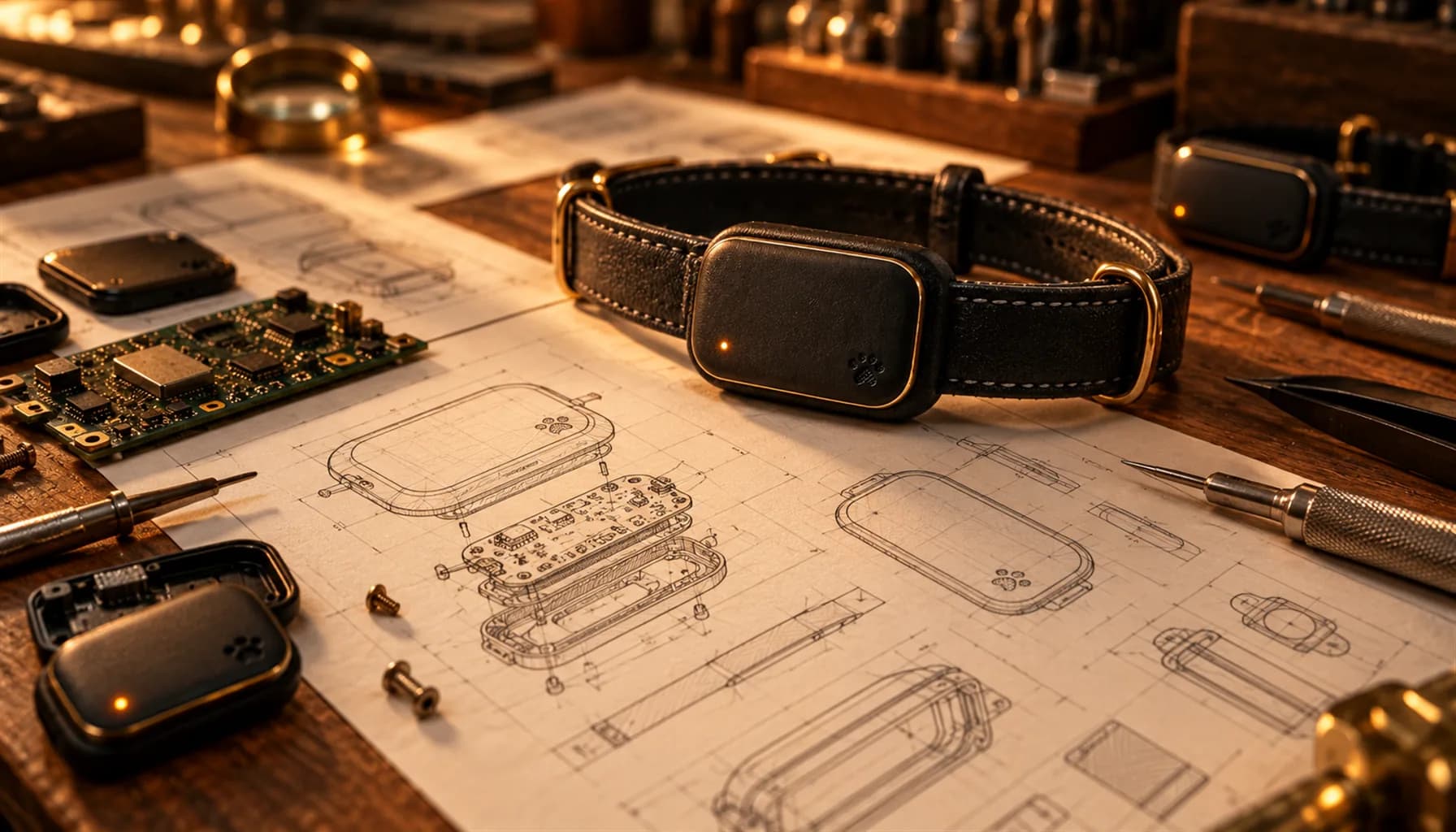 Engineering workbench with patent drawings spread out alongside PawPulse collar components and prototypes, warm task lighting, conveying the depth of R&D behind the product
