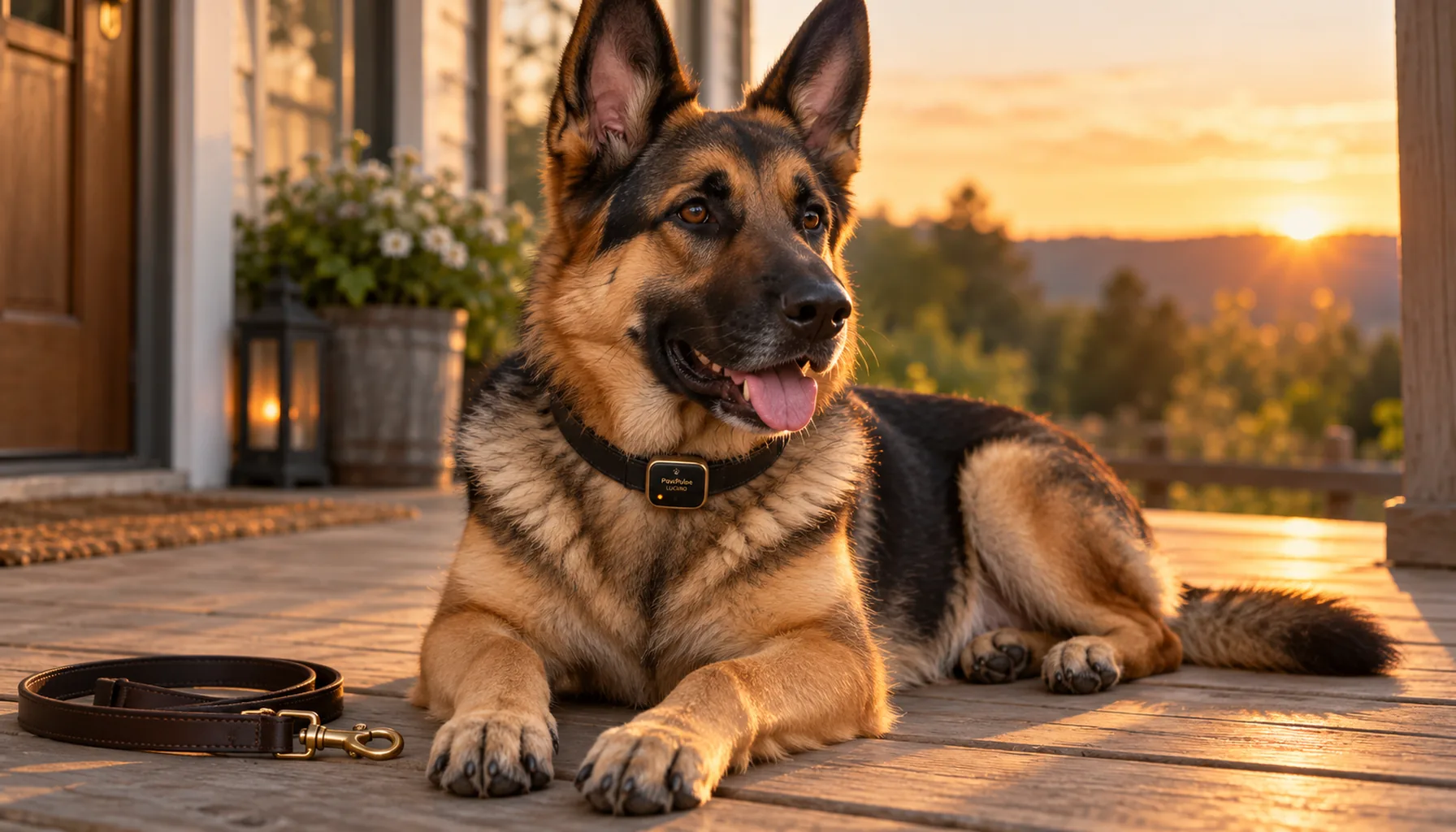 German Shepherd resting on a wooden porch at sunset after a walk, mouth slightly open and breathing lightly, wearing a slim black collar with a small module