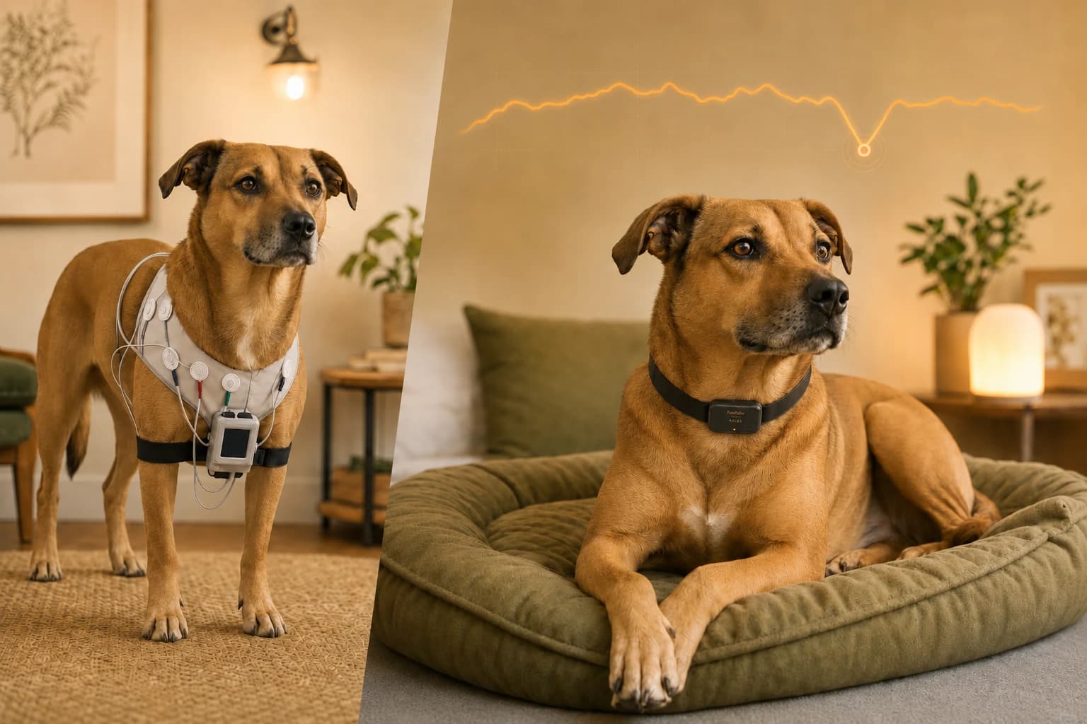 Infographic showing the difference between traditional HRV measurement requiring a Holter monitor vet visit versus PawPulse continuous at-home HRV monitoring through fur with weeks of baseline data