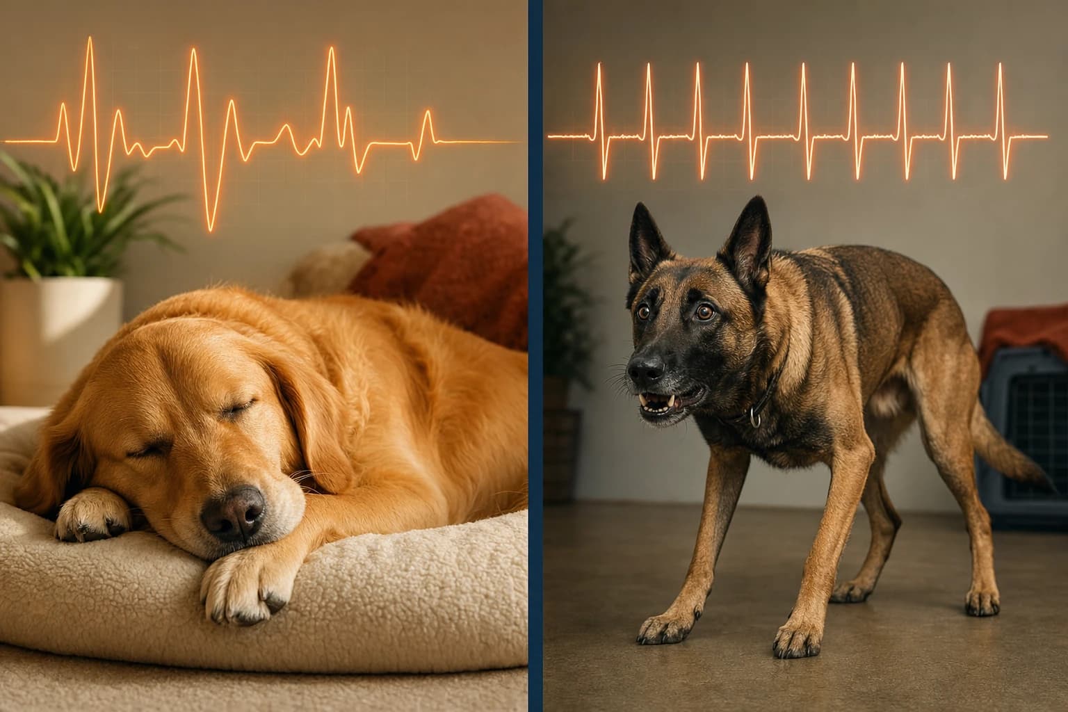 Visualization of heart rate variability showing the difference between high HRV with natural beat-to-beat variation in a healthy relaxed dog versus low HRV with rigid metronomic intervals in a stressed or sick dog