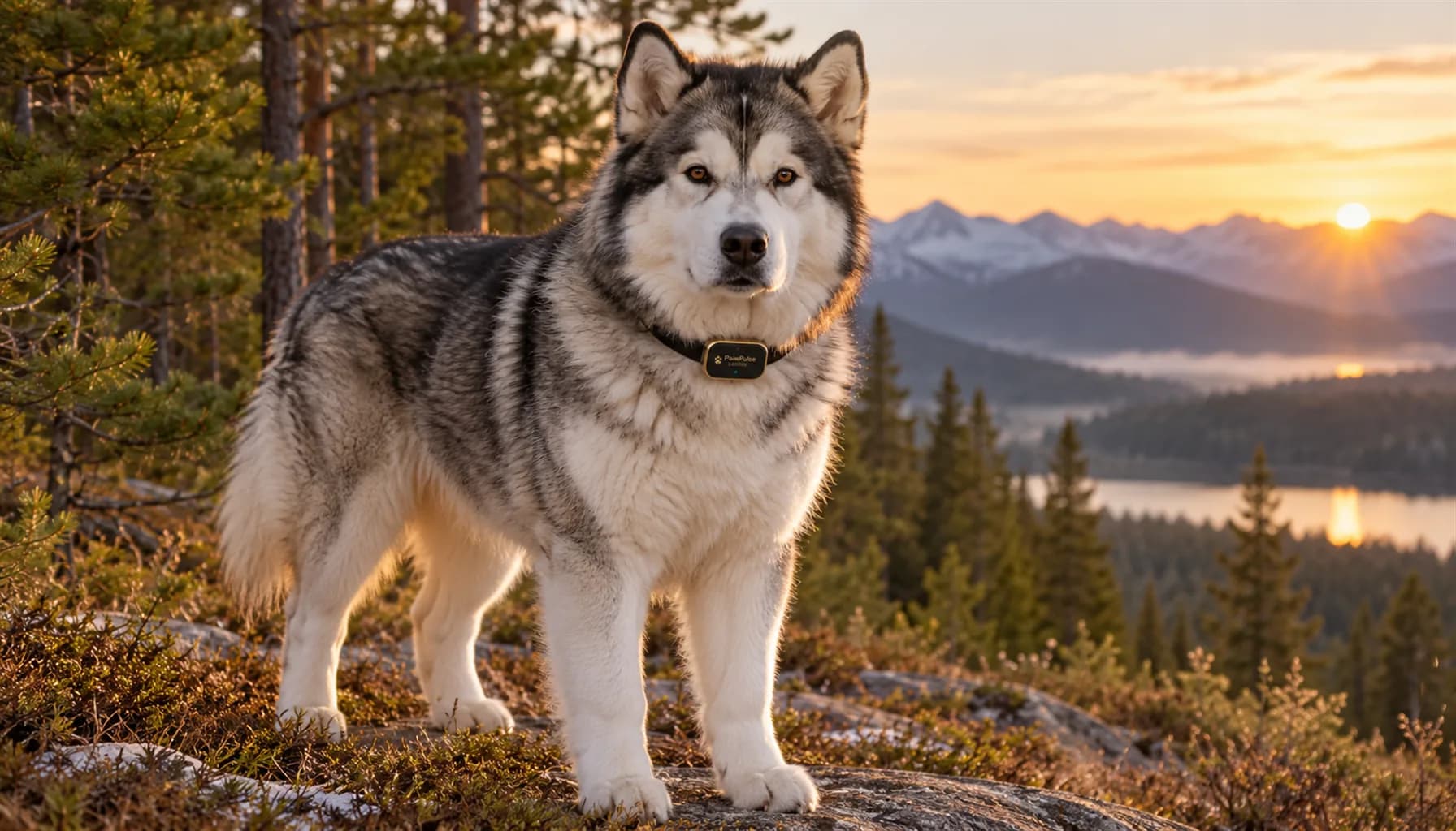 Alaskan Malamute standing alert at the edge of a pine forest at dawn, wearing a slim matte-black collar with a small module