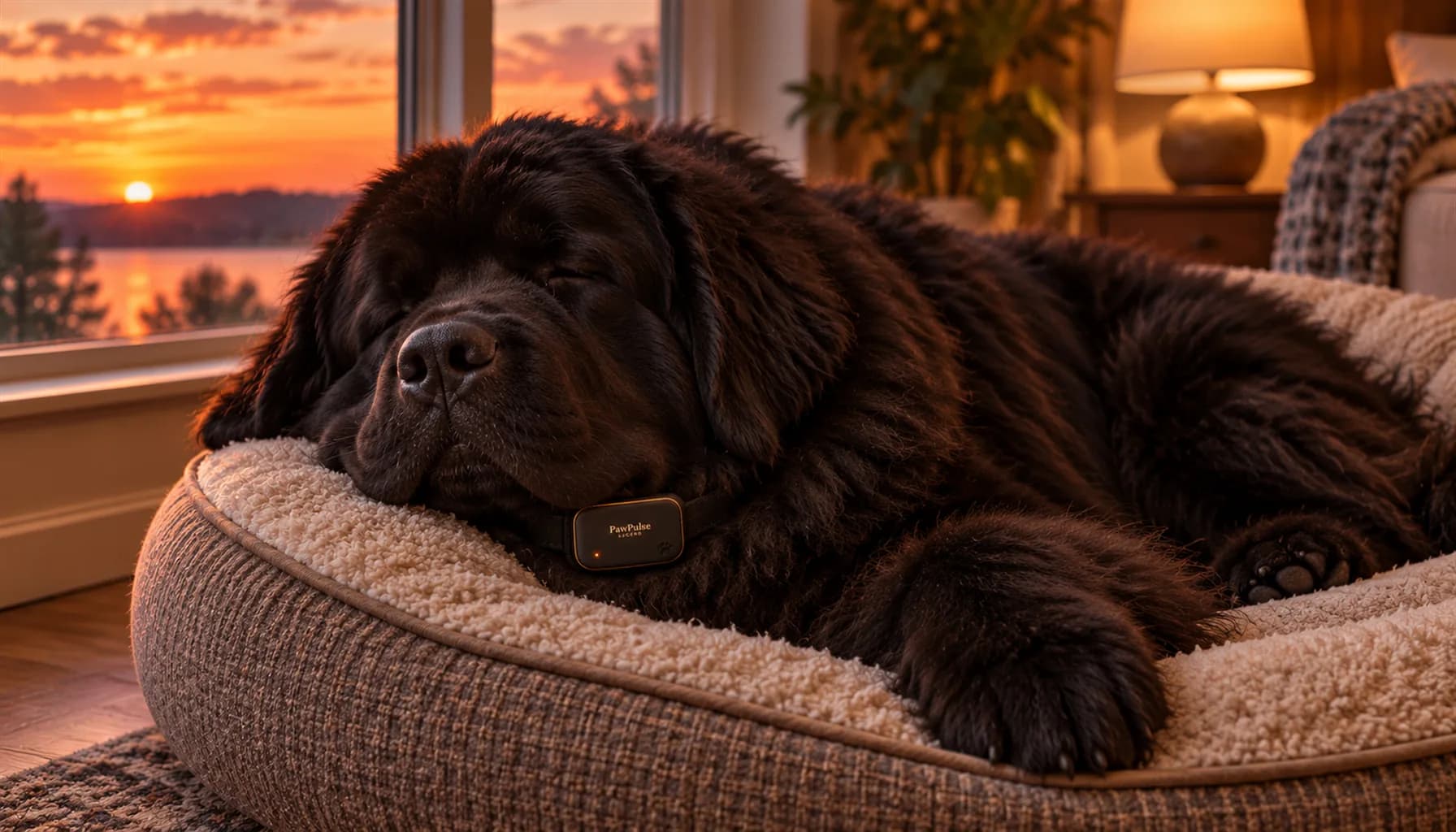 Large dog asleep on a dog bed beside a window at dusk wearing a slim black collar with a small module, calm resting breathing in warm light