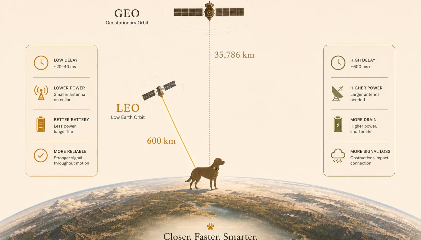 Visualization of a LEO satellite constellation orbiting Earth at low altitude with signal beams reaching down to a dog wearing a PawPulse collar in a wilderness setting