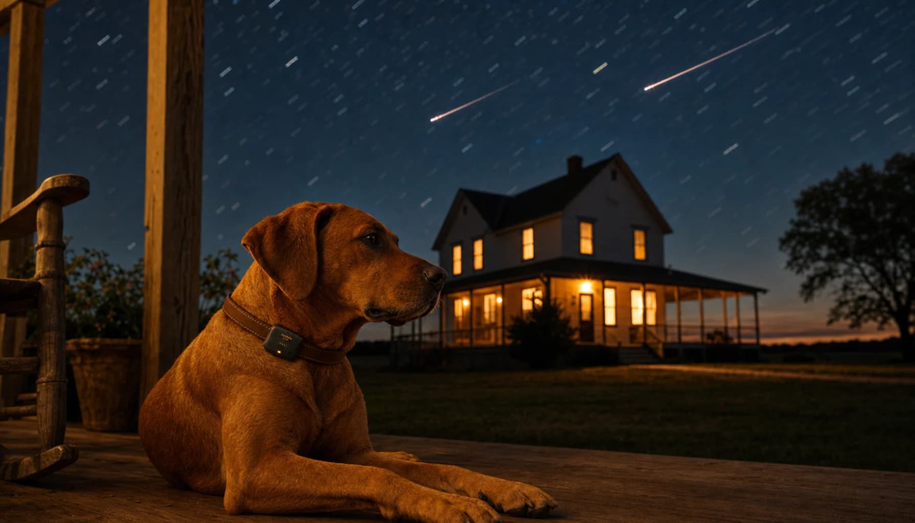 Night sky with visible LEO satellite trails over a rural landscape, a farmhouse with warm lights in the foreground, a dog visible on the porch wearing a PawPulse collar - conveying that satellite coverage reaches even the most remote homes