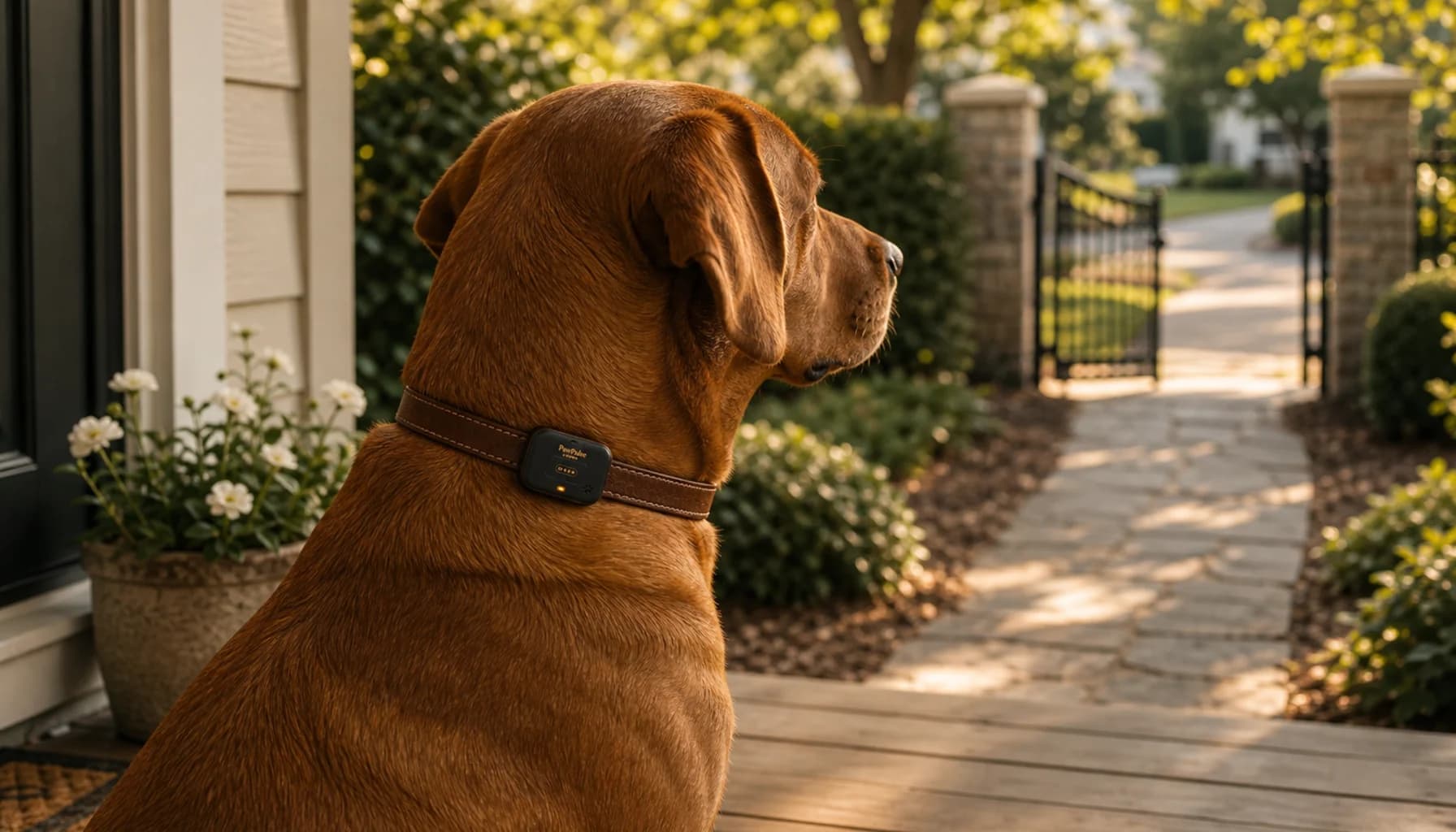 Empty leash and collar lying on a park path, warm golden-hour lighting, slightly out-of-focus dog park in the background, conveying the moment a dog slips away