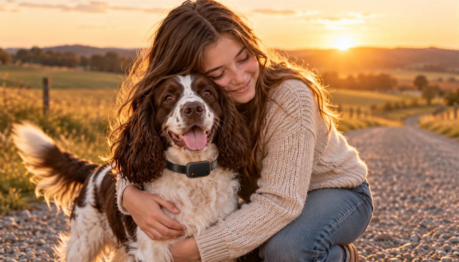 Teenage girl kneeling on a gravel country road at sunset hugging a happy chocolate-and-white Springer Spaniel wearing a black collar after being reunited