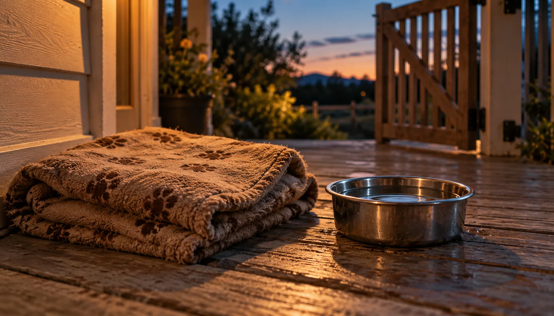 A soft blanket and a water bowl left on a front porch at dusk with warm porch light, prepared for a lost dog to return home