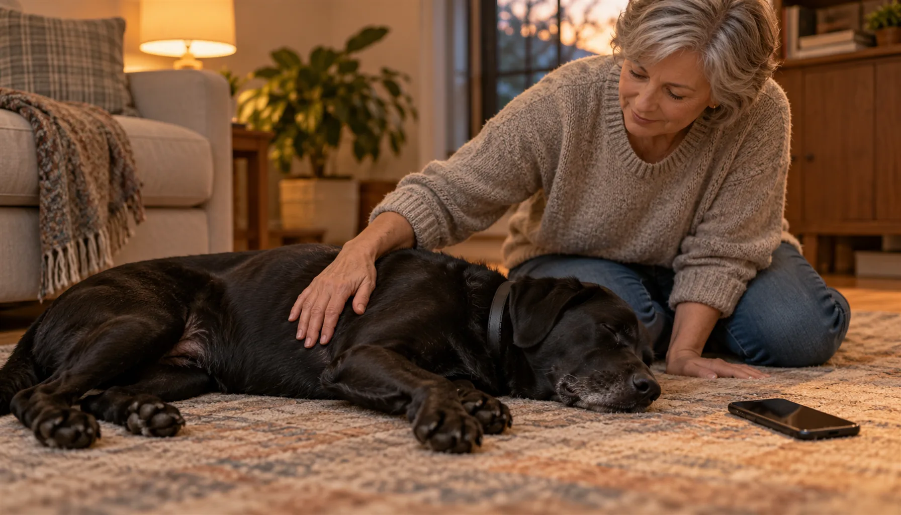 Woman with short grey hair kneeling beside a sleeping black Labrador mix on a living room rug, one hand resting on the dog's side while counting breaths
