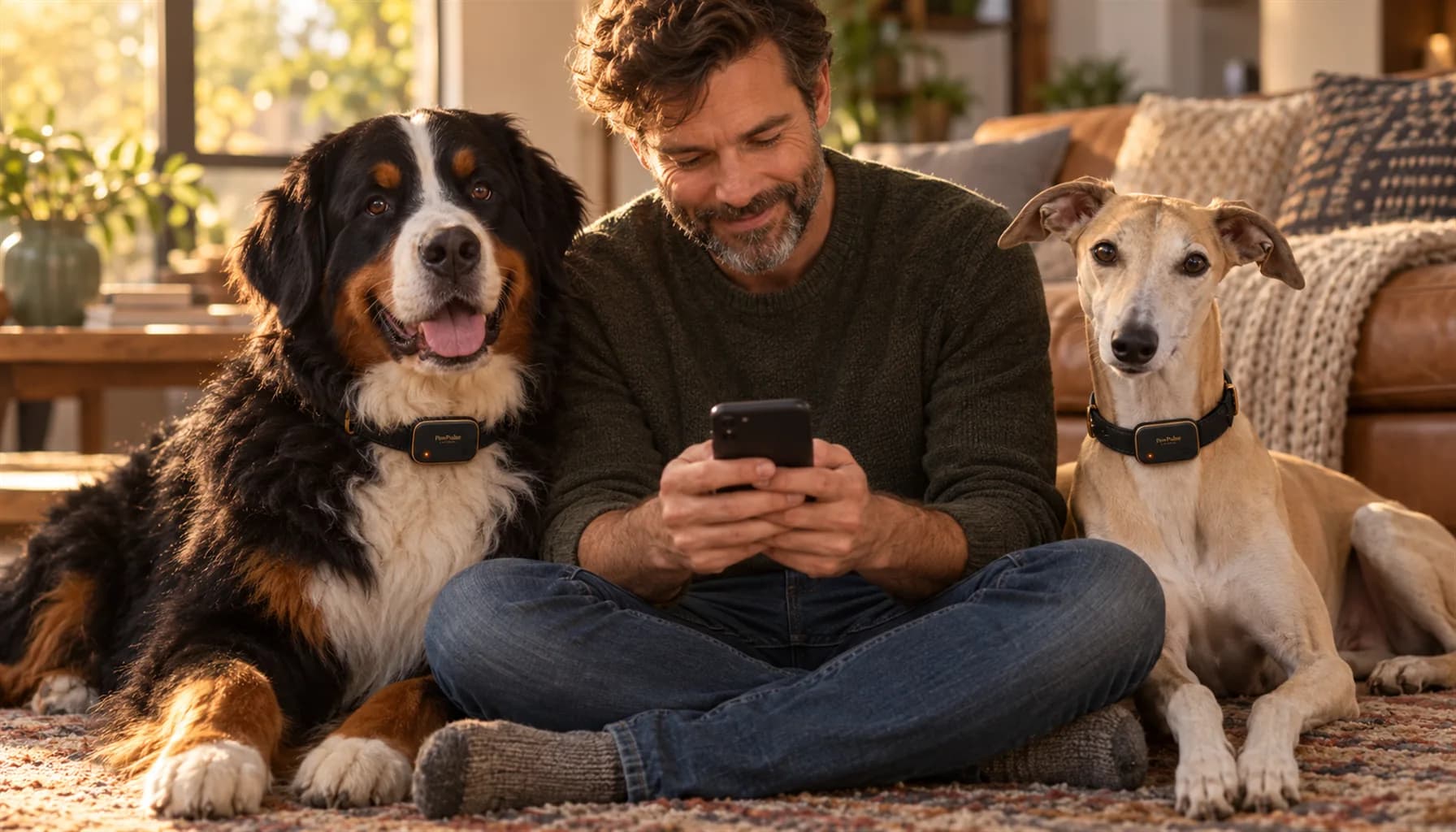 Man sitting on the floor looking at his phone with a Bernese Mountain Dog and a fawn Whippet leaning in, both wearing PawPulse collars, per-dog health tracking in a multi-dog household