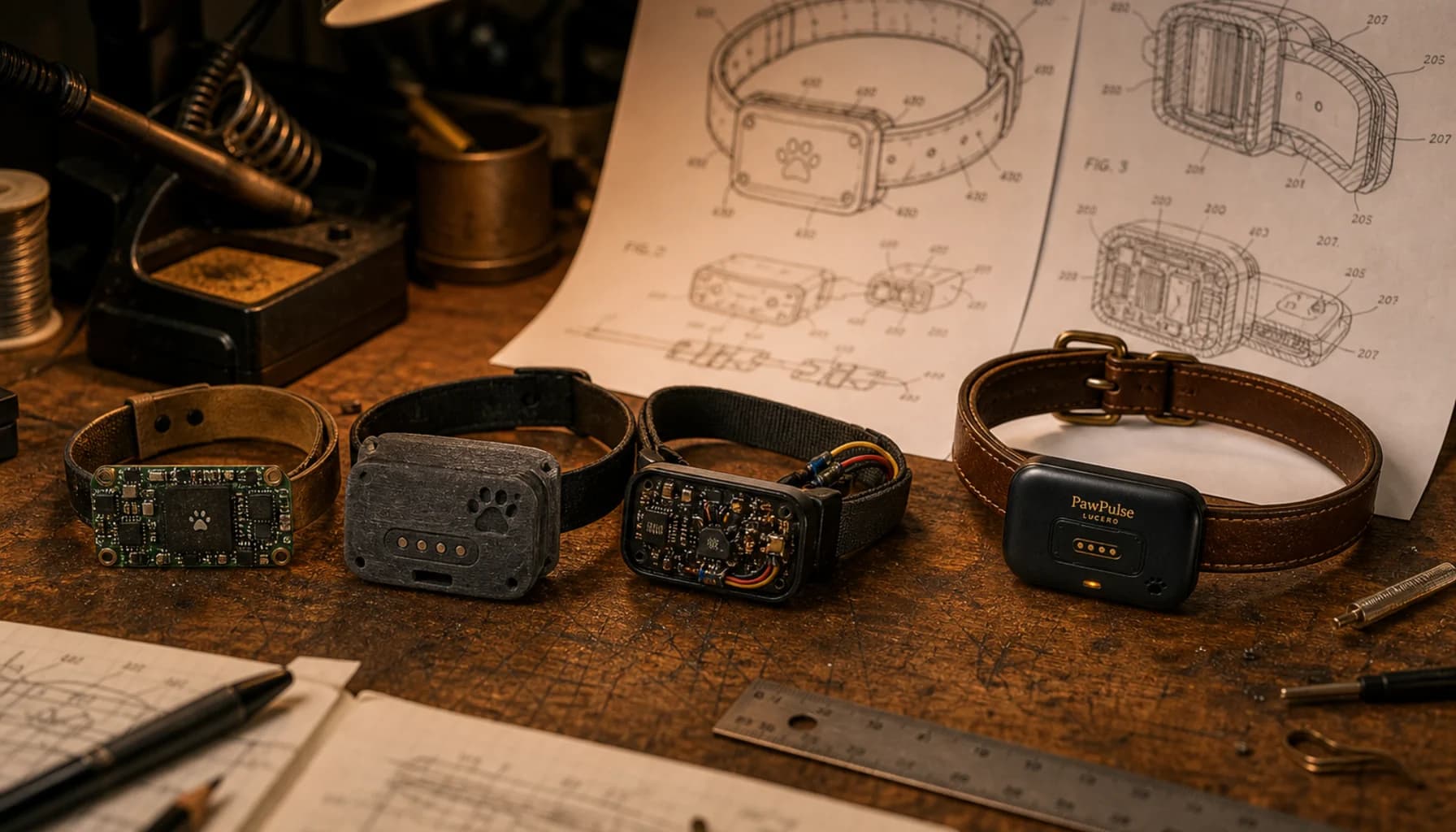 Engineering workbench with patent drawings spread out alongside PawPulse collar components and prototypes, warm task lighting, conveying the depth of R&D behind the product