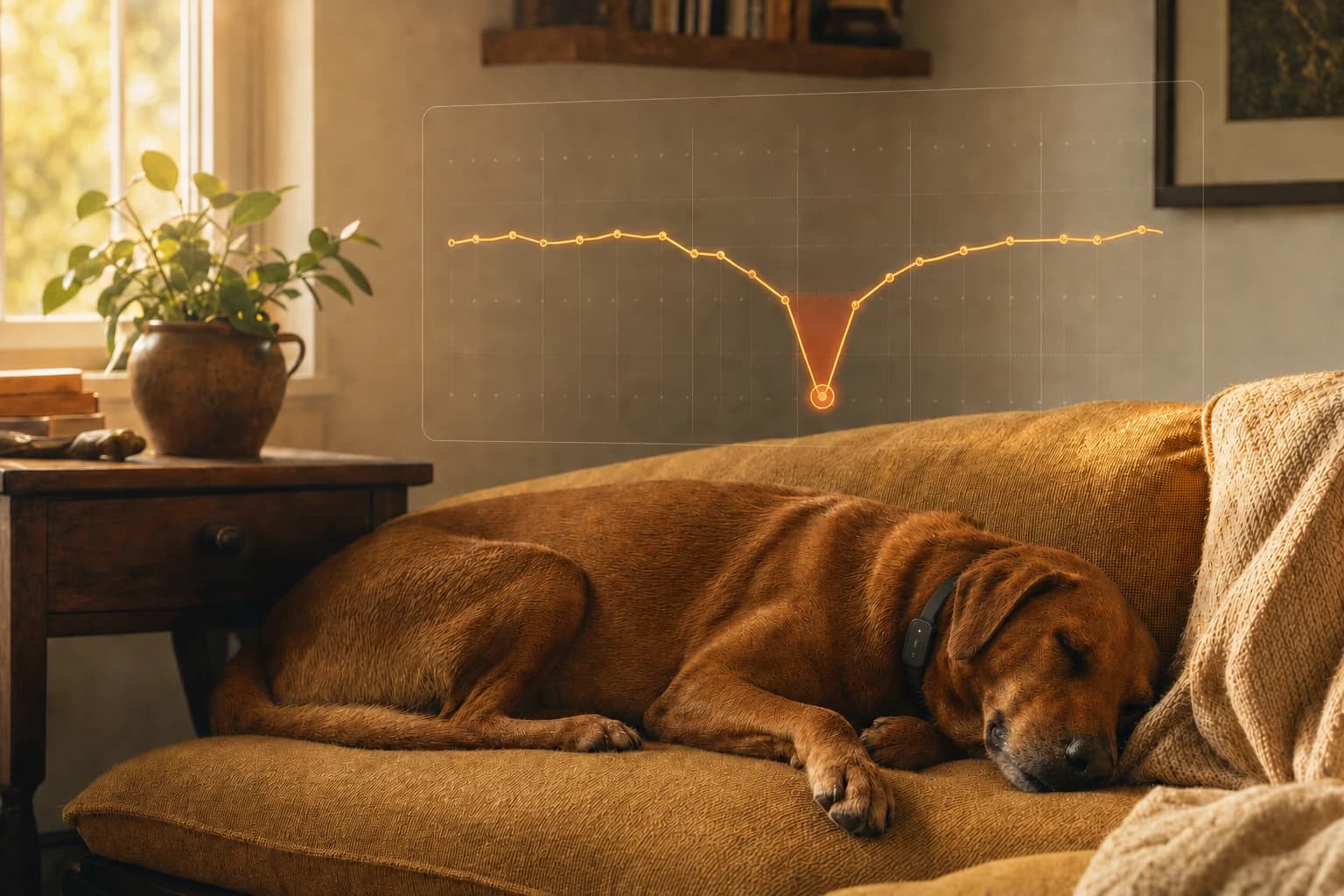Close-up of a PawPulse collar on a relaxed dog lying on a couch, with an overlay showing a 30-day HRV trend graph indicating healthy high variability with one flagged dip that corresponds to a noted stressor event