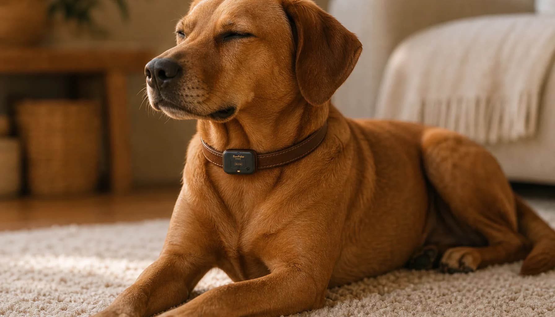 Close-up of a PawPulse collar on a dog, amber LED glowing, with a warm out-of-focus background suggesting a home environment, conveying that all this patented technology is packaged invisibly into one slim collar