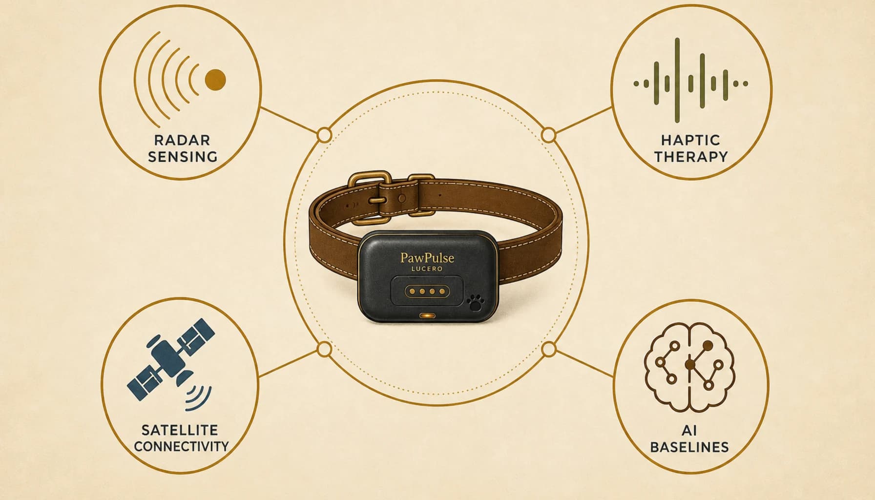 Stylized visualization of PawPulse's patent portfolio showing interconnected technology domains: radar sensing, haptic therapy, satellite connectivity, and AI health monitoring, warm editorial illustration style