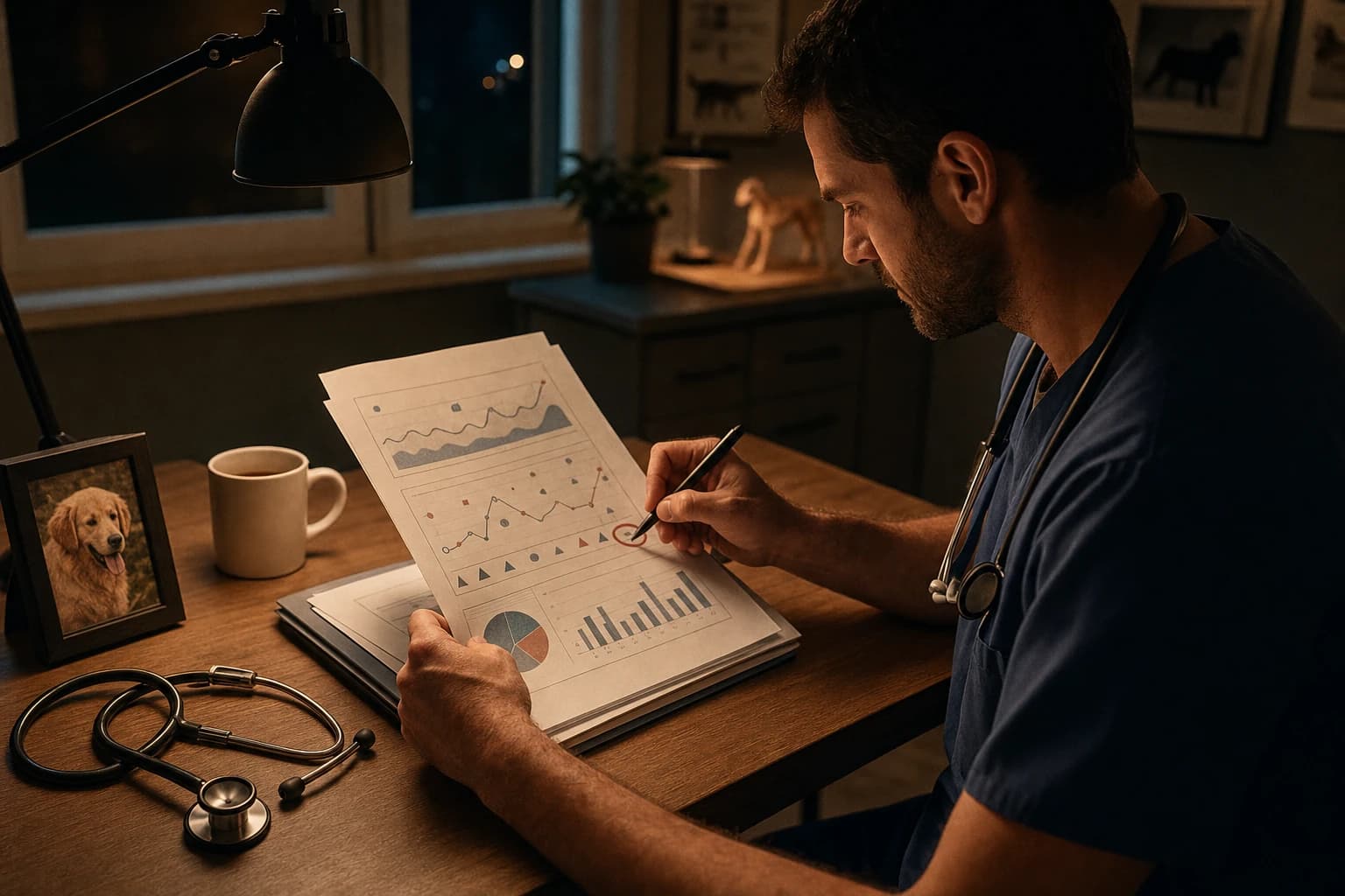 Veterinarian at a warm-lit desk after hours reviewing a printed PawPulse health report with trend graphs, pen in hand circling a data point, stethoscope and coffee mug on the desk