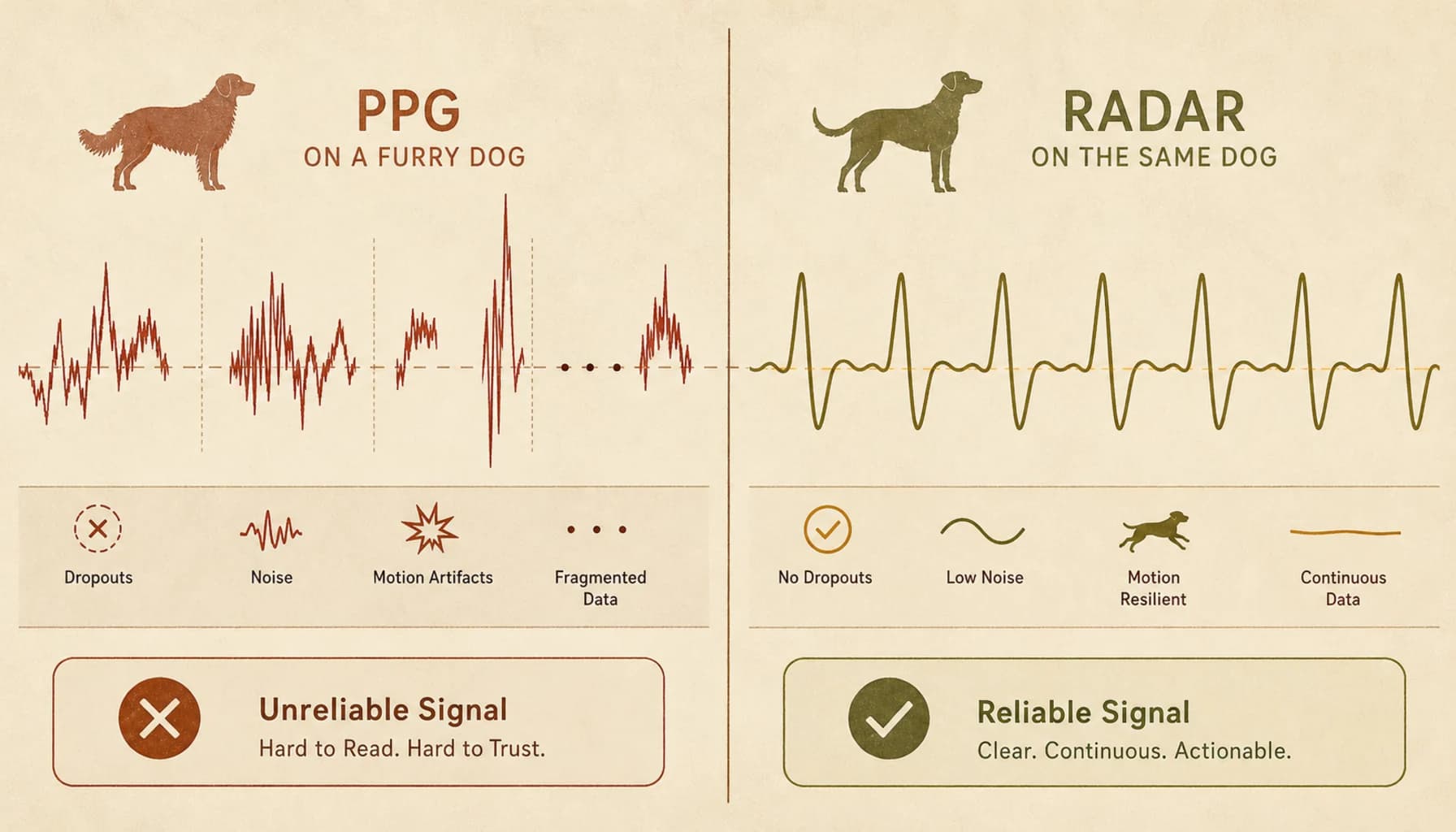 Split comparison: left side shows PPG signal waveform that is noisy and fragmented with dropout markers, right side shows radar signal waveform that is clean and continuous, both labeled with the breed tested