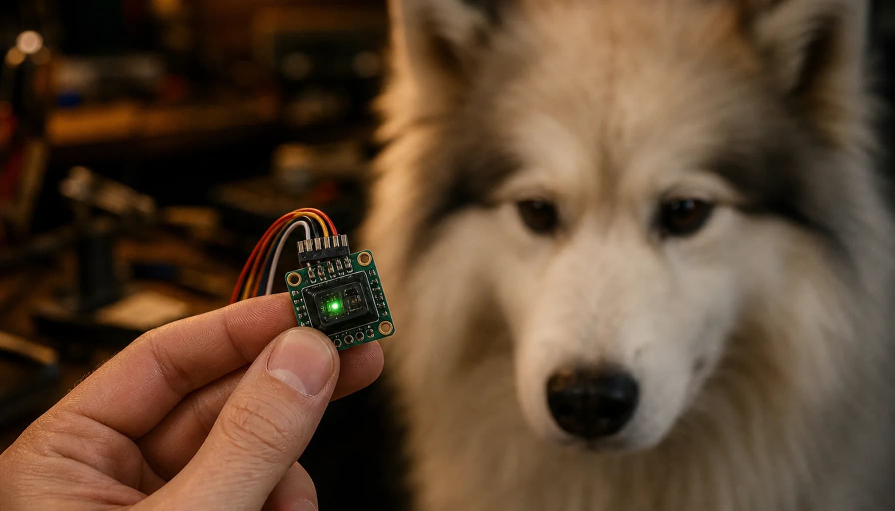 Close-up of an early PawPulse prototype collar on a workbench, showing exposed PCB with optical sensor components next to a newer version with a radar module, engineering workshop setting with warm lighting