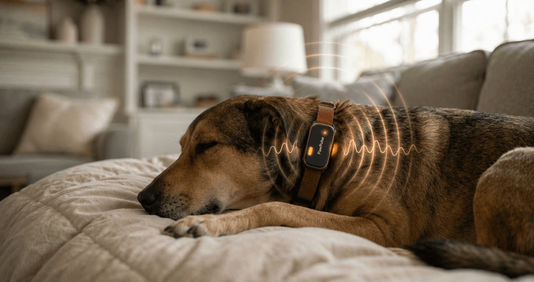 Close-up of a PawPulse collar with a subtle amber glow showing Heartbeat Mode activated, gentle wave visualization emanating from the collar against a calm home background