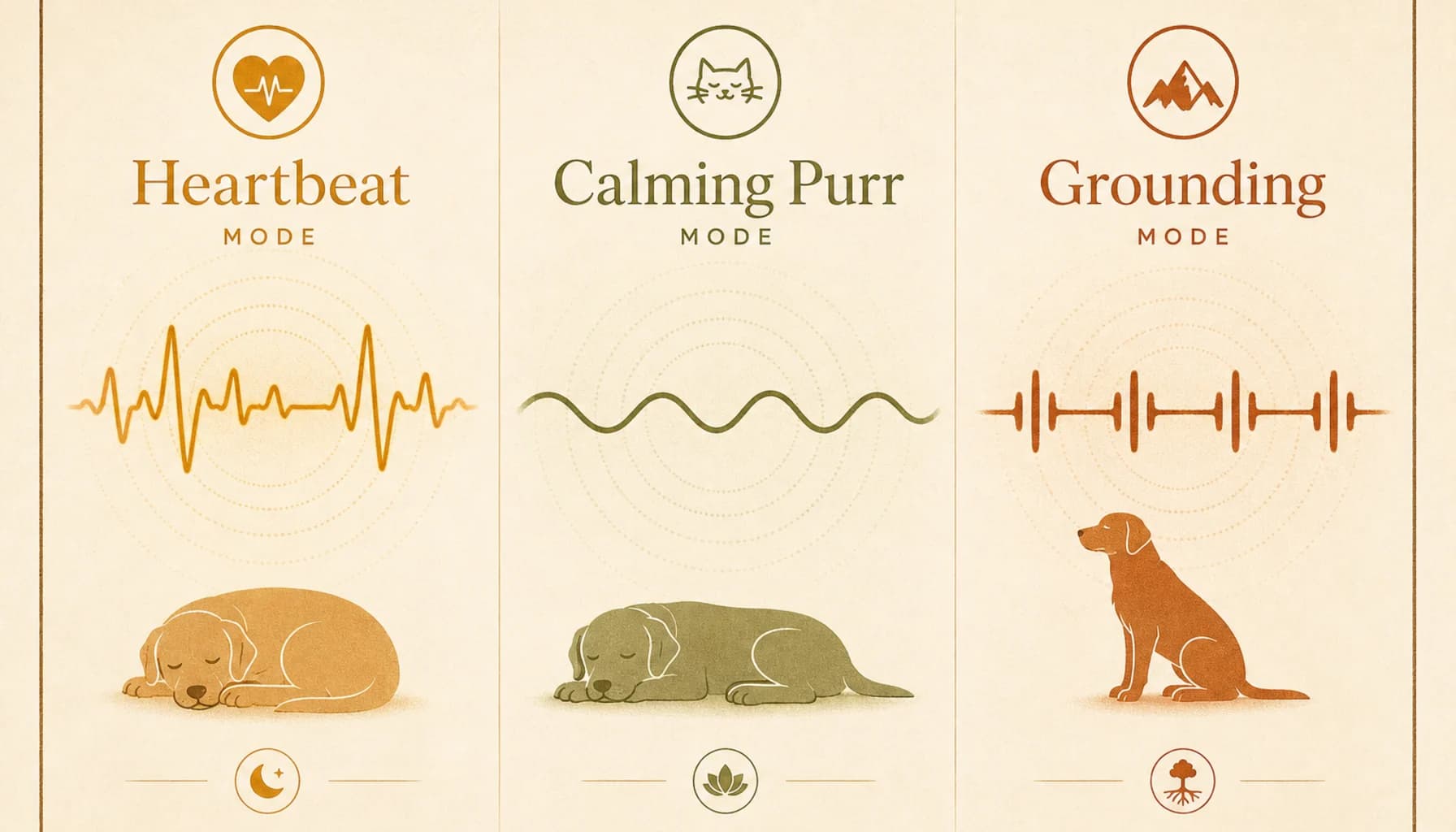 Side-by-side visualization of the three Pulse Therapy modes showing different vibration waveform patterns: Heartbeat mode with rhythmic pulses, Calming Purr with steady gentle waves, and Grounding with deep firm pulses