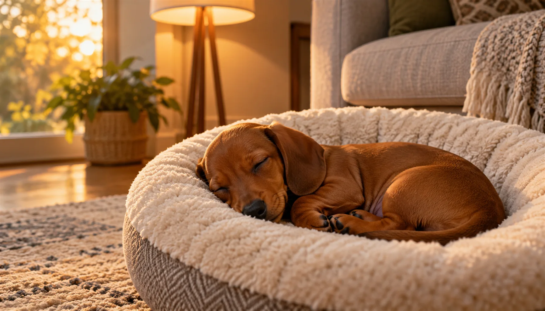 A small puppy curled up asleep in a round dog bed under warm lamplight in a quiet living room, no collar, soft evening shadows
