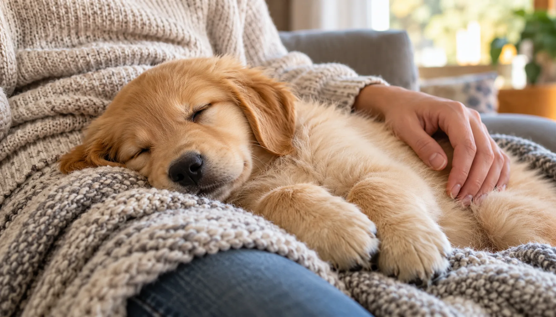 Golden Retriever puppy asleep on a soft blanket draped over an owner's lap in warm window light, small chest rising quickly, owner's hand resting nearby