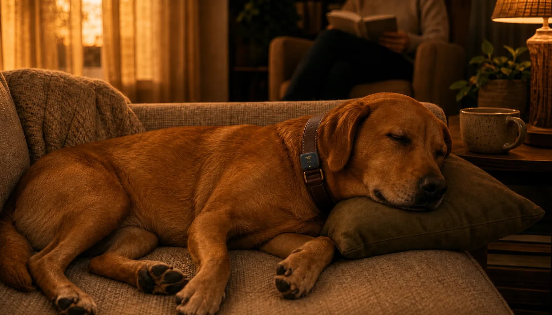 Dog lying relaxed on a couch after a walk, wearing a PawPulse collar, warm golden light, owner sitting nearby reading, calm domestic scene conveying a stress-free environment
