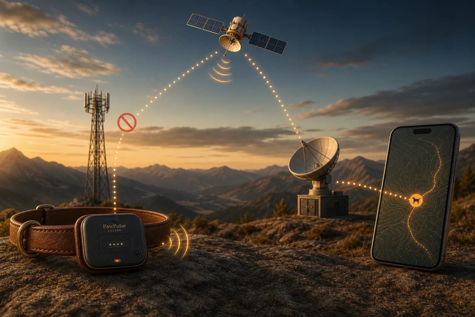 Diagram showing a PawPulse Lucero collar losing cellular tower connection, automatically routing location data through a low Earth orbit satellite to a ground station and phone app