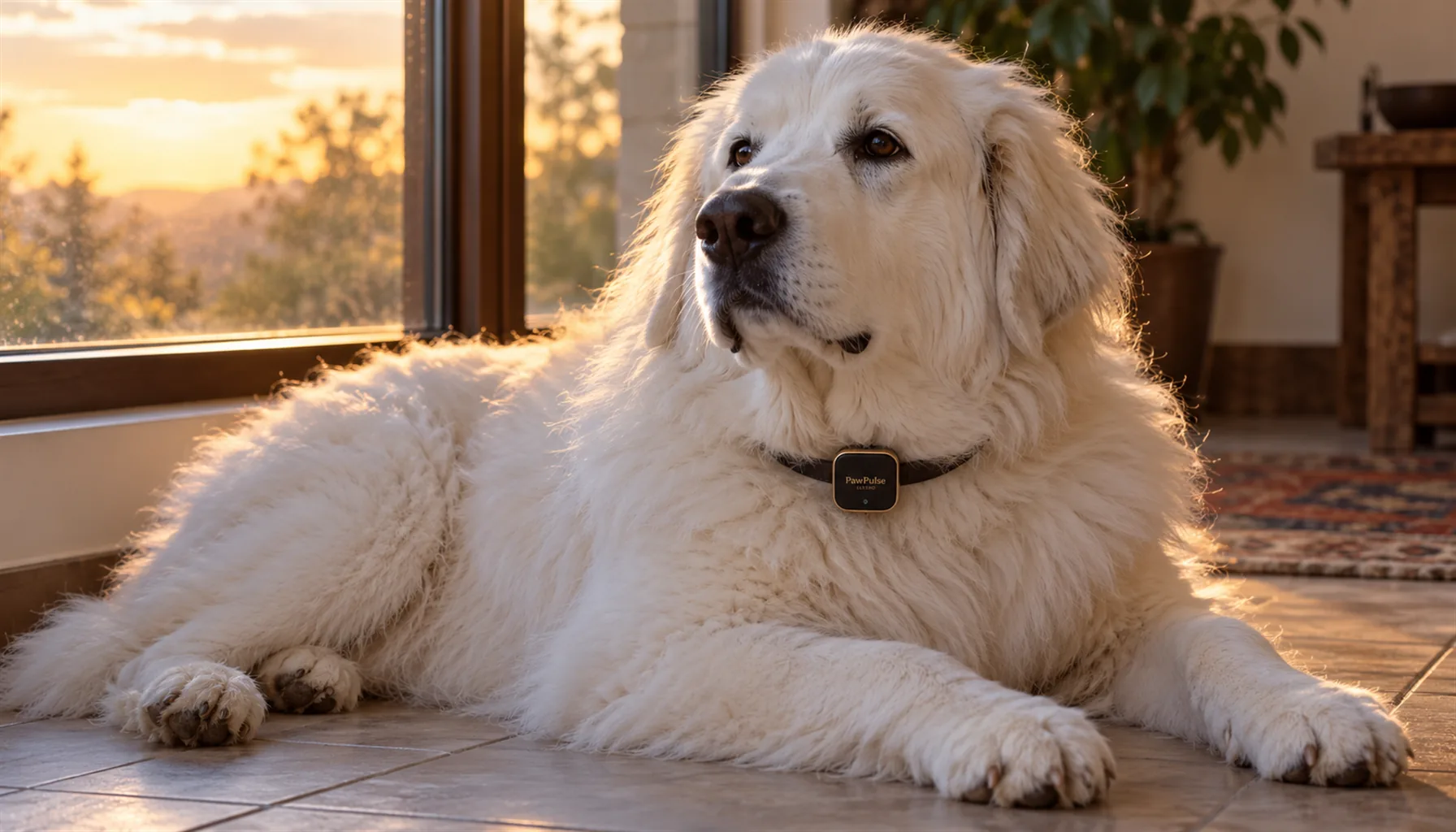 Senior Great Pyrenees with a thick white coat resting on a cool tile floor by a window, wearing a slim PawPulse collar for senior dog health monitoring