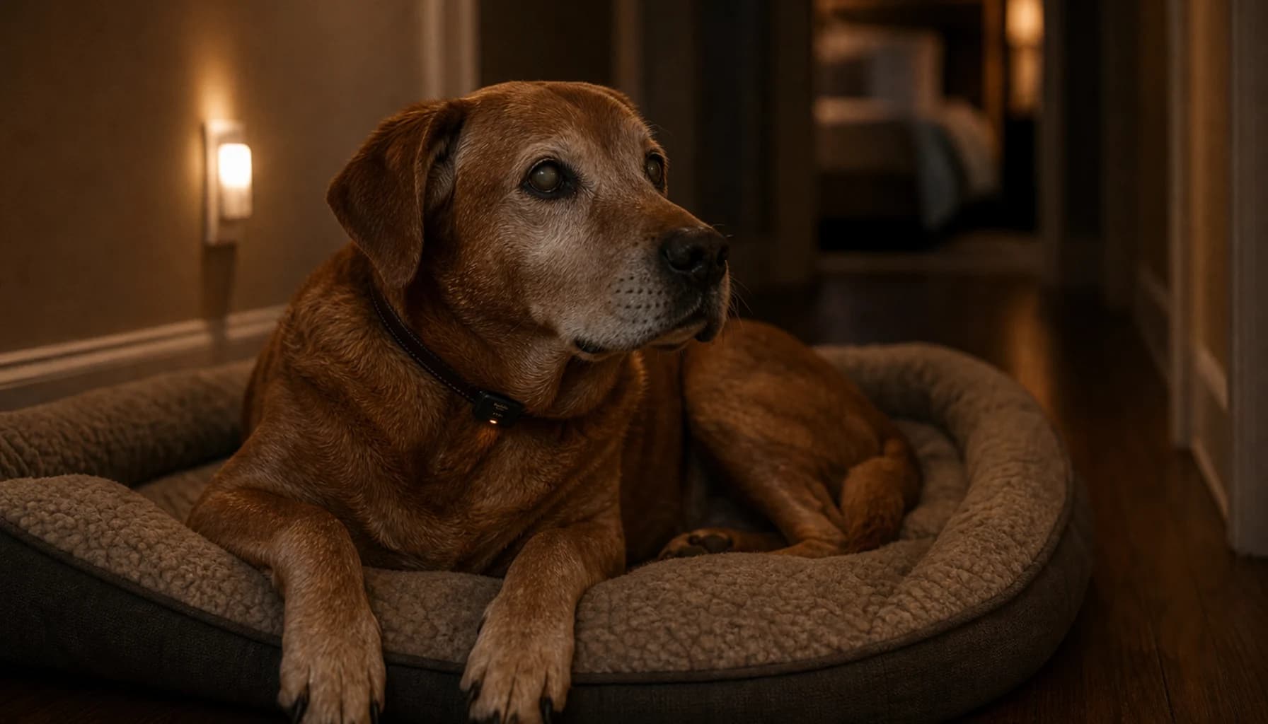 Senior dog lying in a dog bed at night, eyes open, looking slightly disoriented, warm low lighting from a hallway, PawPulse collar with amber glow visible