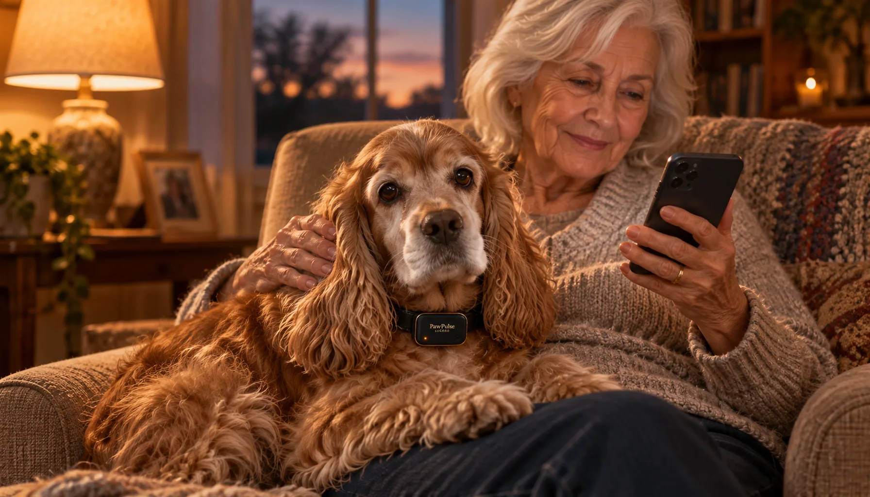 Elderly woman in an armchair checking senior dog health trends in the PawPulse app while her senior golden Cocker Spaniel rests on her lap in warm lamp light