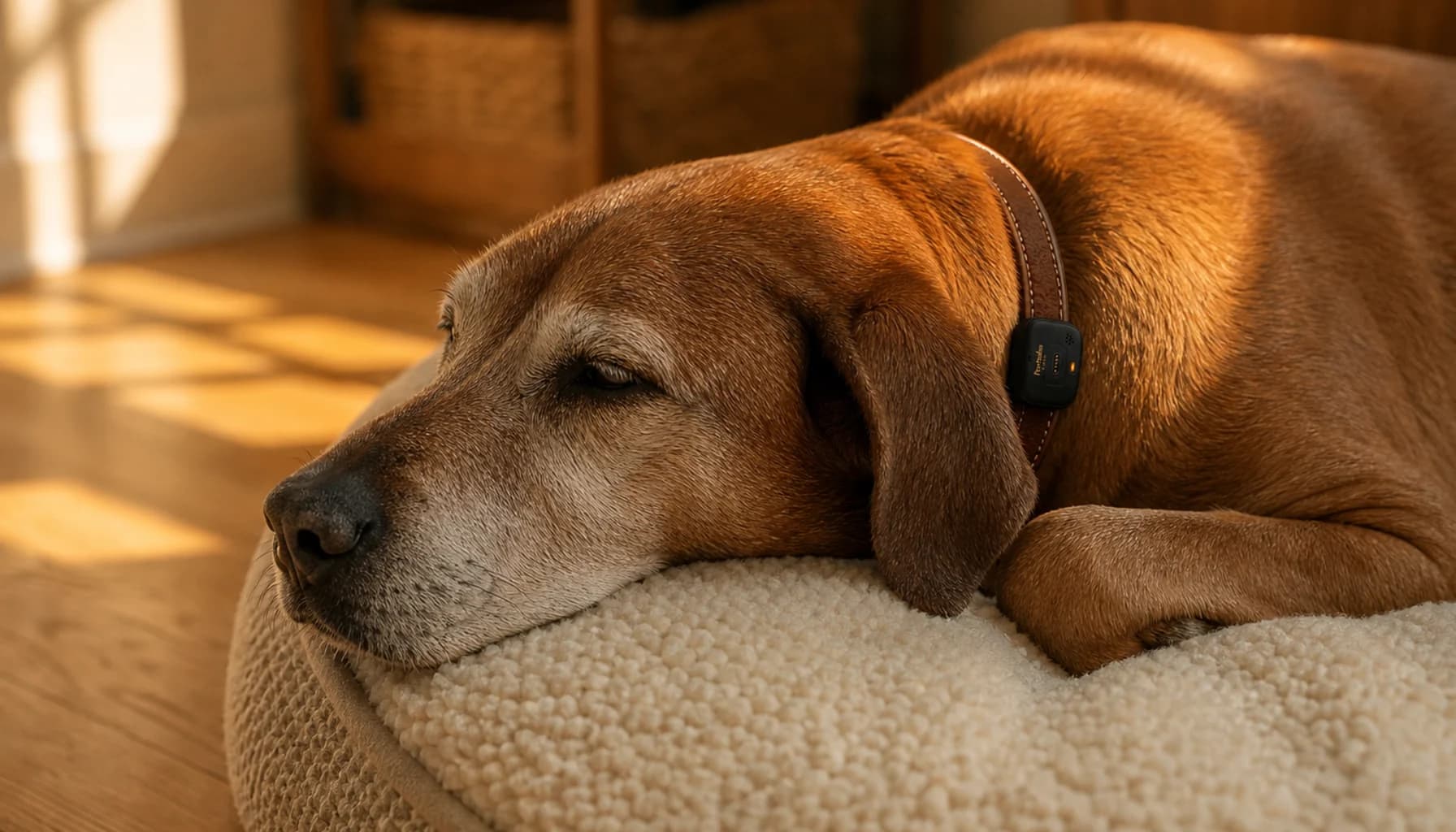 Senior dog resting on a soft bed, warm afternoon light, PawPulse collar visible, conveying peaceful aging with the dignity of proper care and monitoring