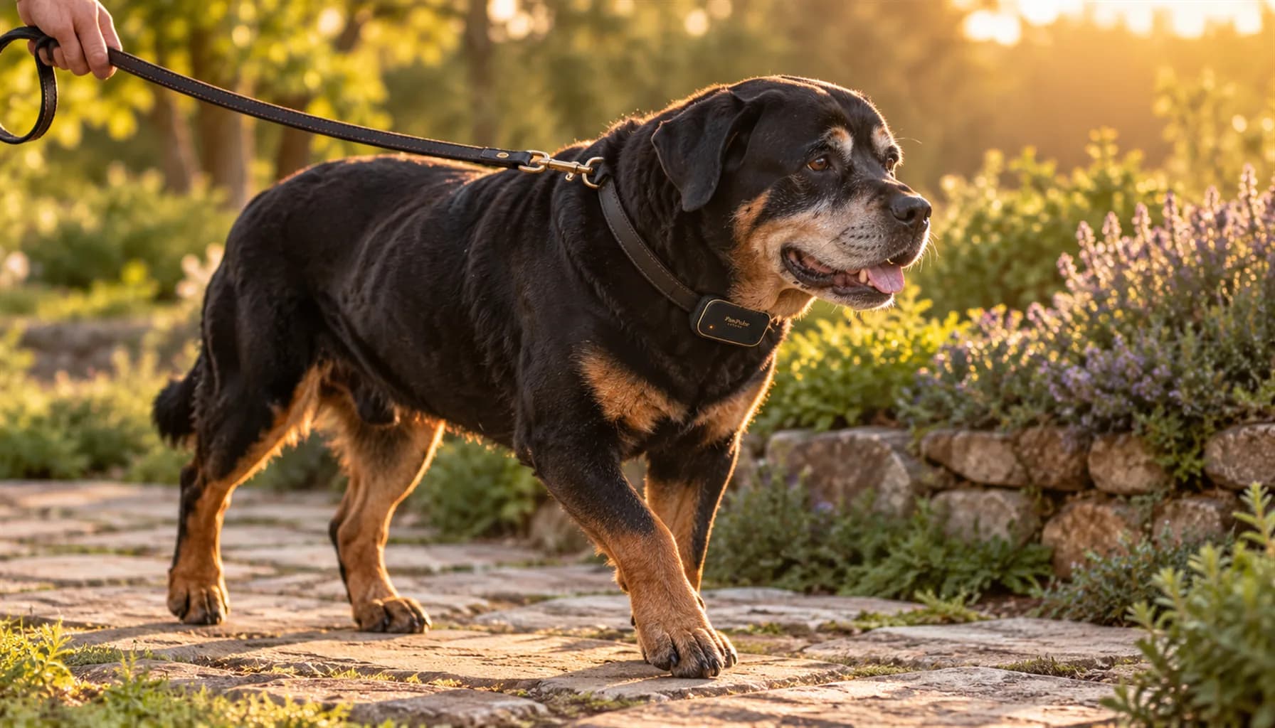 Older Rottweiler walking slowly along a stone garden path at golden hour on a leash, wearing a PawPulse collar that tracks aging dog activity trends
