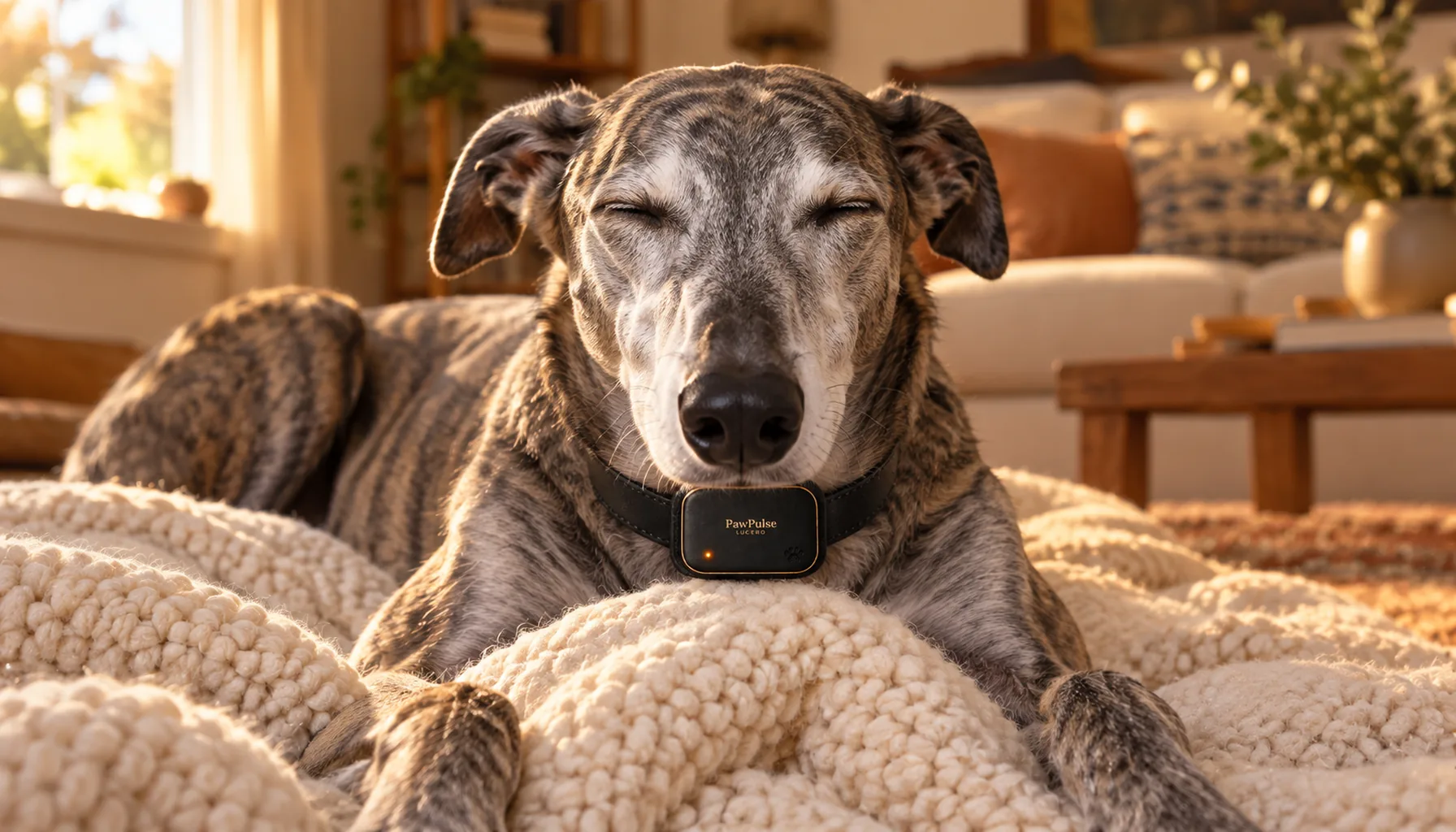 Senior Greyhound with a silver muzzle asleep on a cream knit blanket wearing a slim black collar, warm late-afternoon light