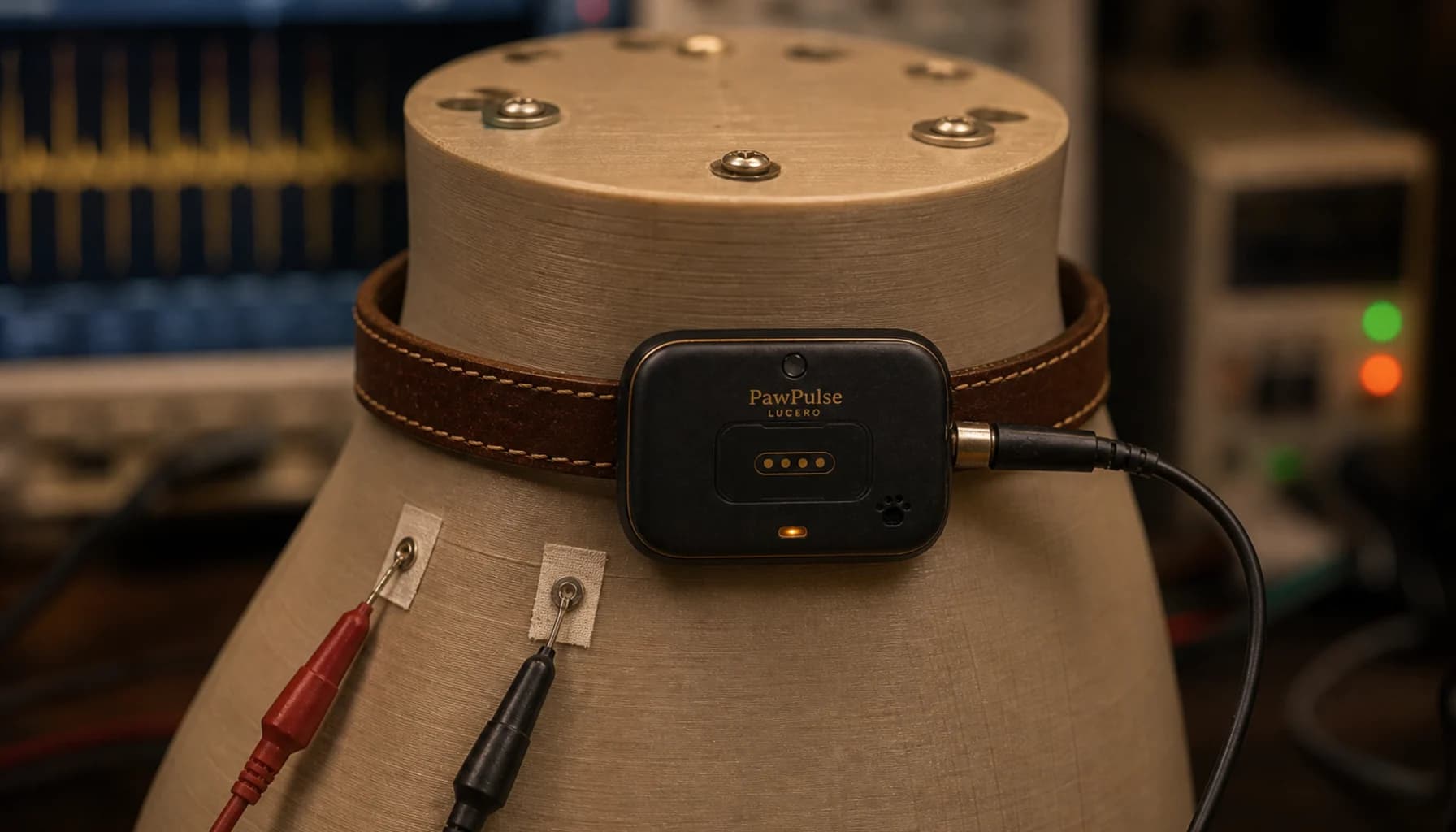 Close-up of a PawPulse collar on an engineering test bench with measurement equipment visible, warm workshop lighting, conveying rigorous testing and quality commitment